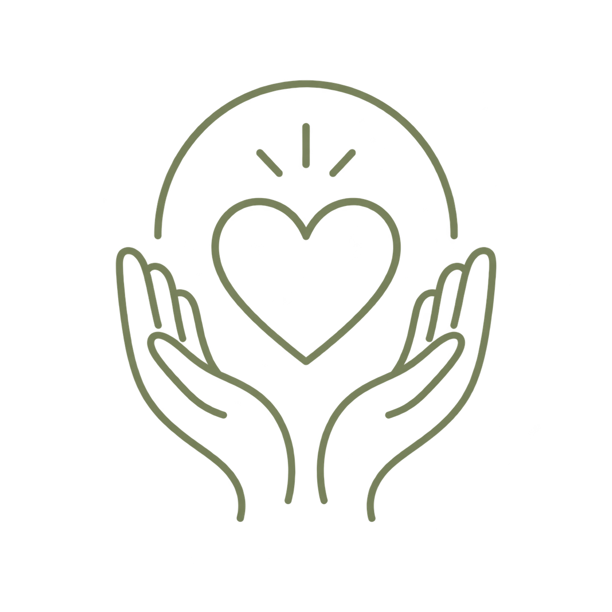Linierte Illustration von zwei Händen, die ein Herz umarmen, mit einem Bogen und einem Herz in der Mitte, Symbol für Fürsorge und Liebe.