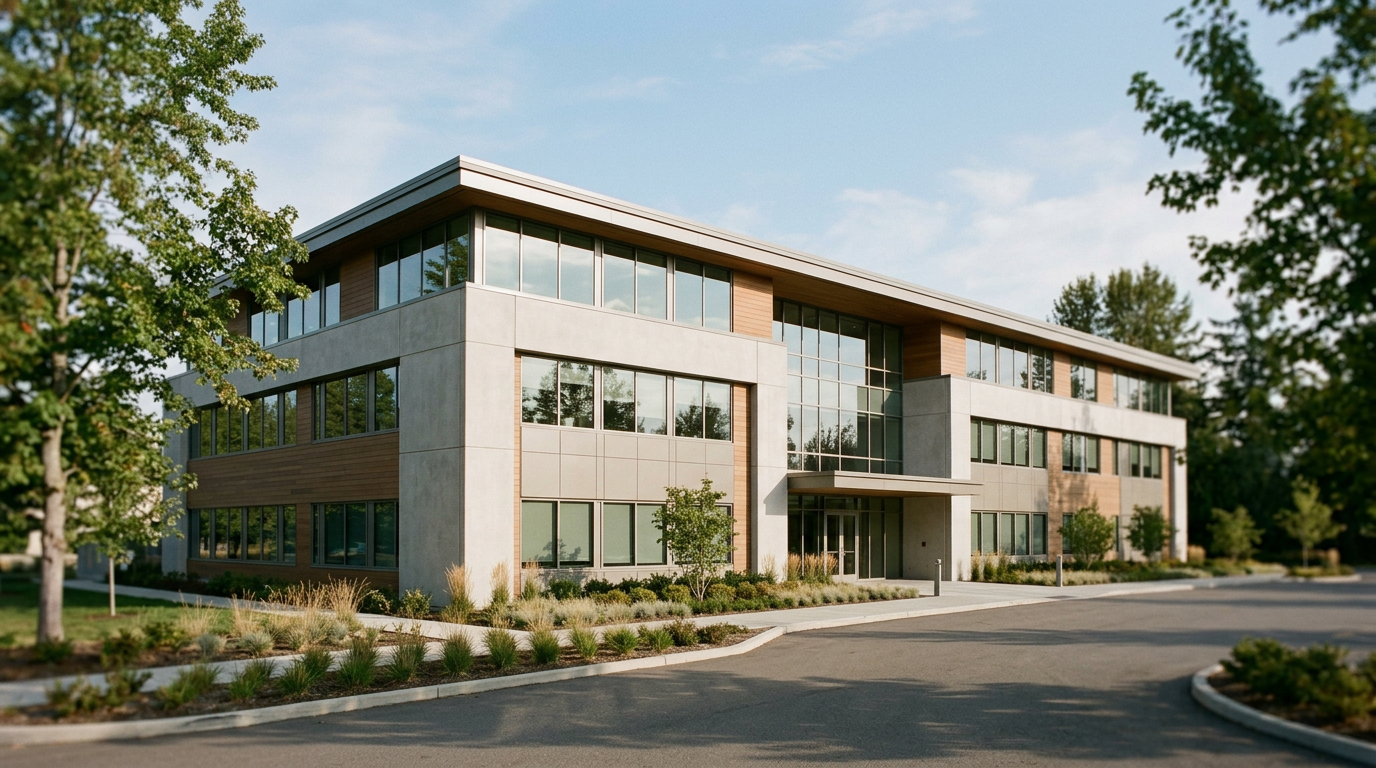 Modern multi-story office or apartment building with large windows, surrounded by landscaped trees and bushes, under a partly cloudy sky.