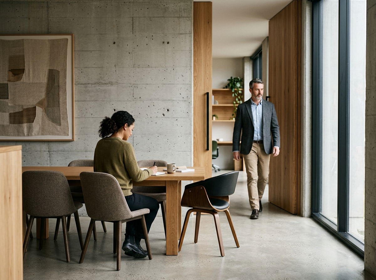 A woman sitting at a wooden table writing in a notebook, with a coffee mug and closed books nearby, while a man in a suit walks past near a large window in a modern office with concrete and wood decor.