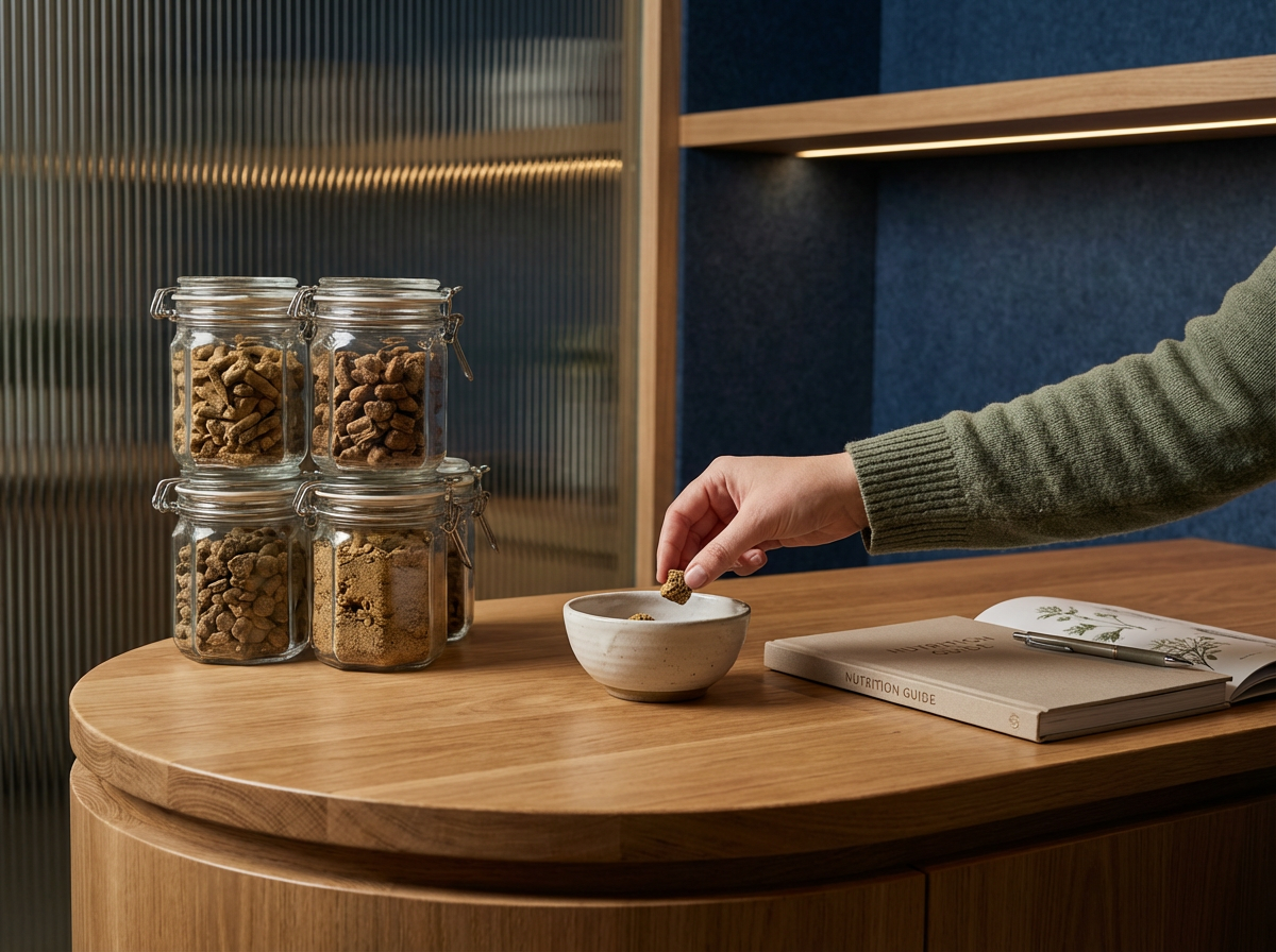 Person's hand reaching into a small ceramic bowl to pick up cereal or food item, on a wooden table with jars of cereal and a nutrition guidebook nearby.