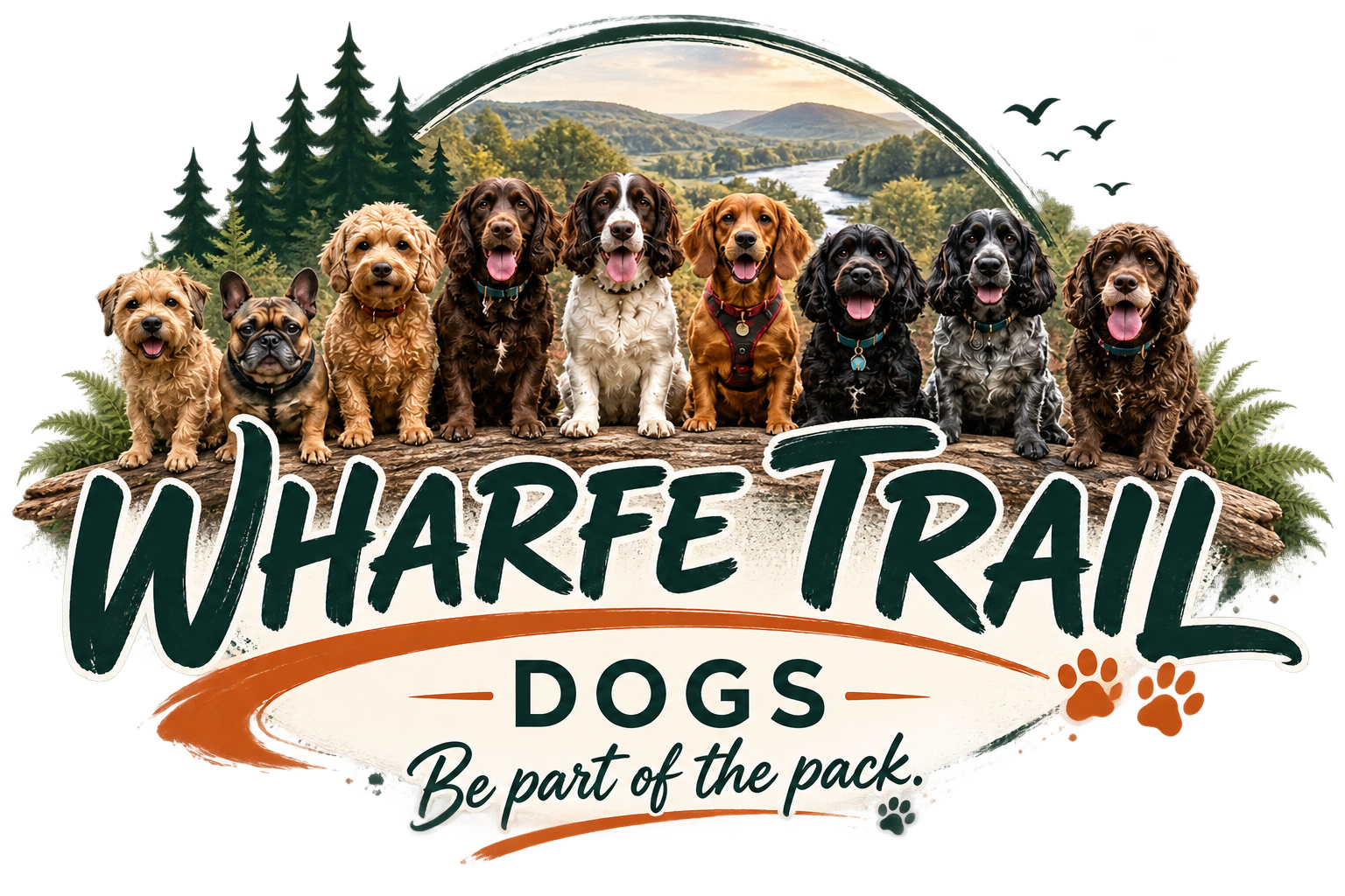 A group of nine dogs of various breeds sitting on a log in front of a scenic landscape with trees and mountains, promoting the Whare Trail Dogs event with the slogan 'Be part of the pack' and paw print graphics.