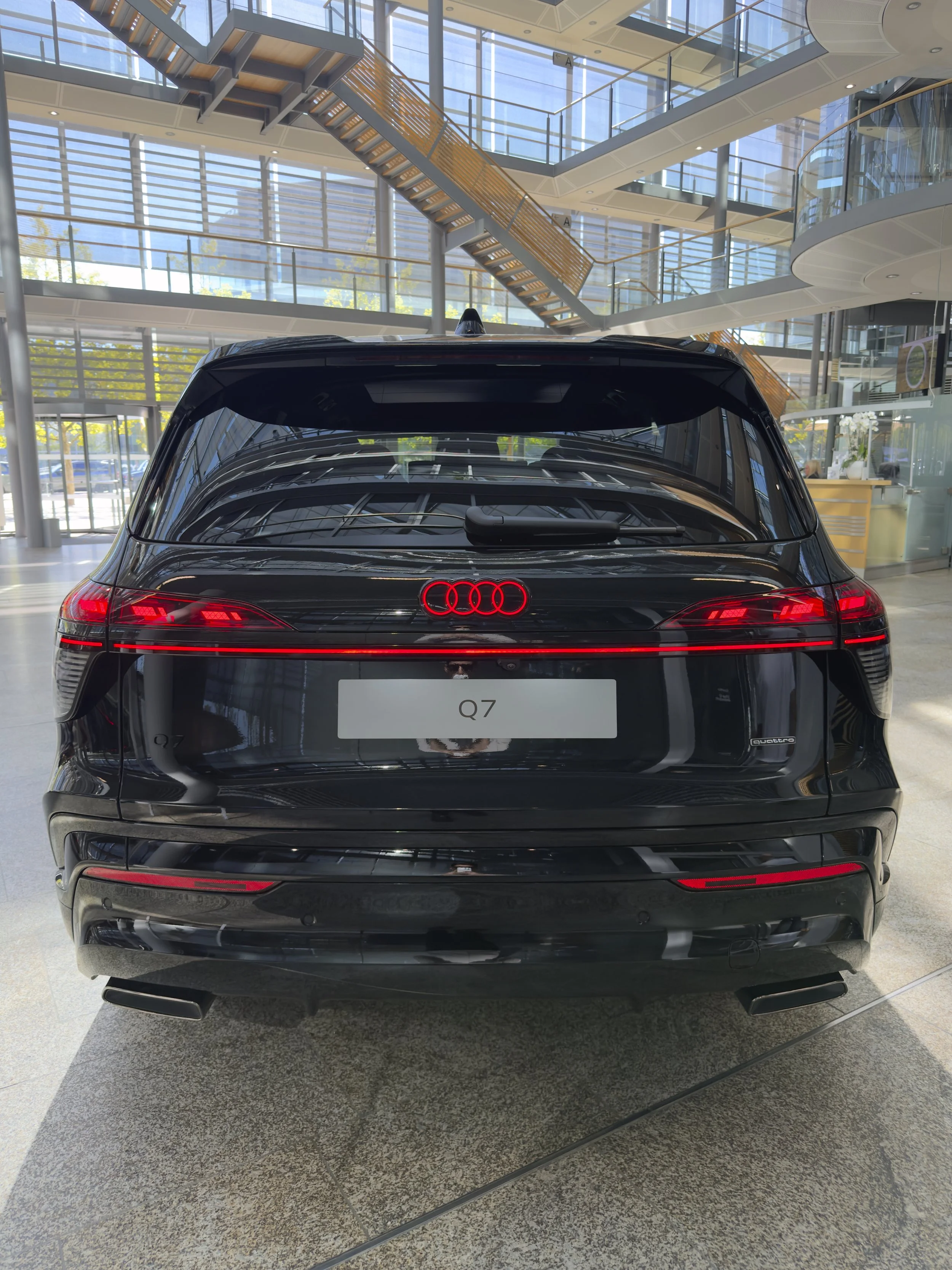 Rear view of a black Audi Q7 displayed at Audi in Ingolstadt.