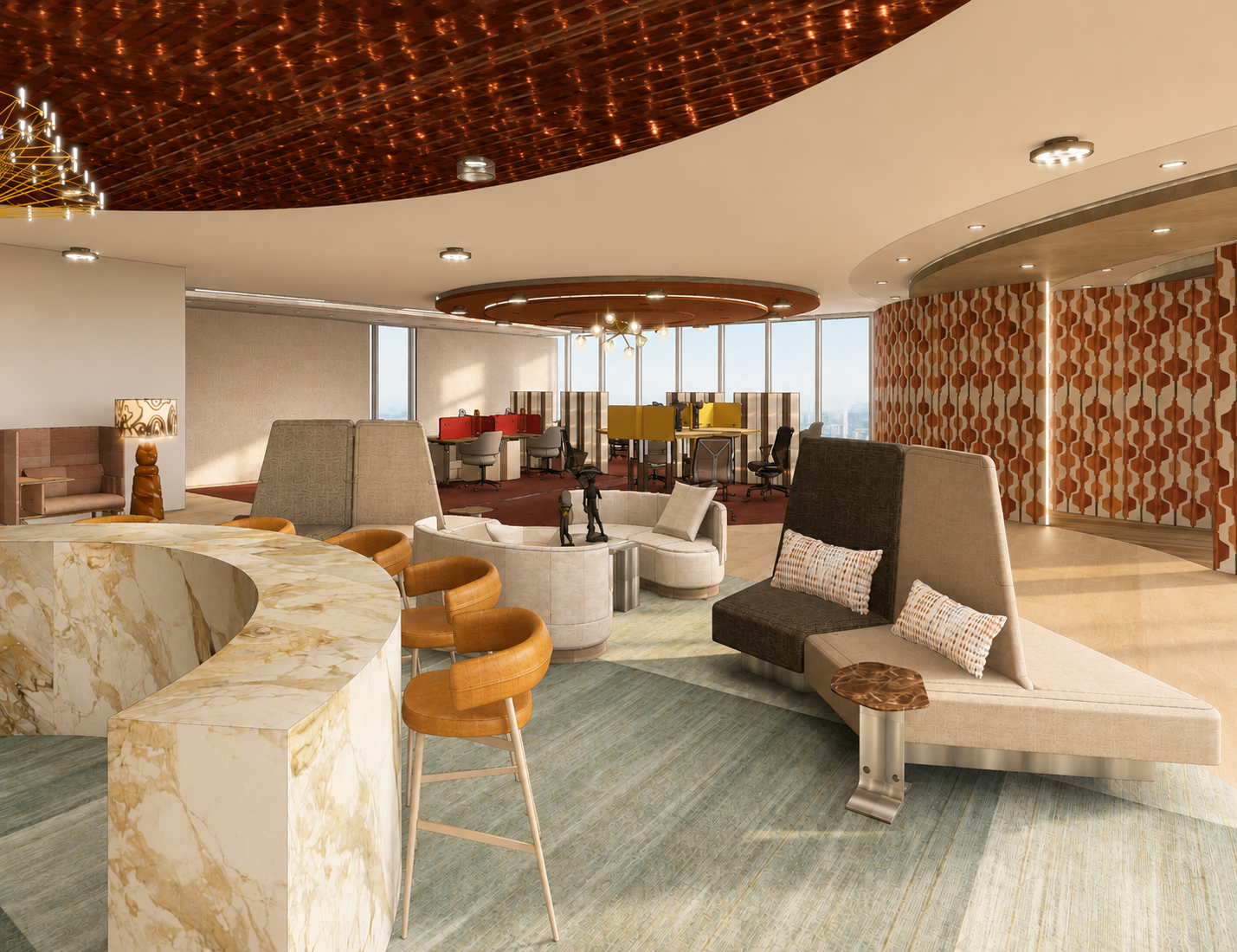 Social Zone with a Feature Kitchenette and Focus Pods scattered along the wall perimeter.