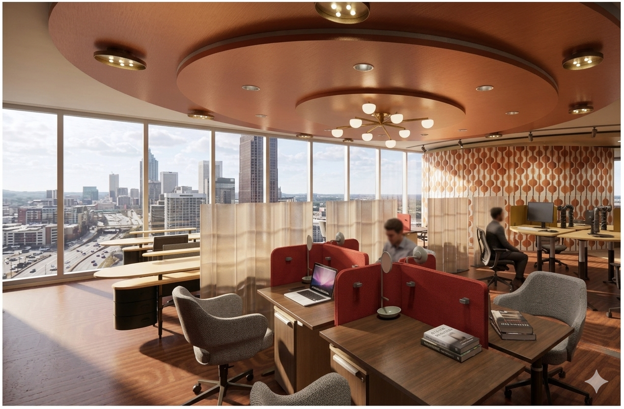 Focused Individual Workstations featuring the Conference Room further into space. 
