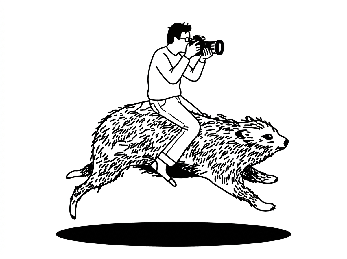 A cartoon drawing of a person in glasses riding a wolf while taking a photograph with a camera.