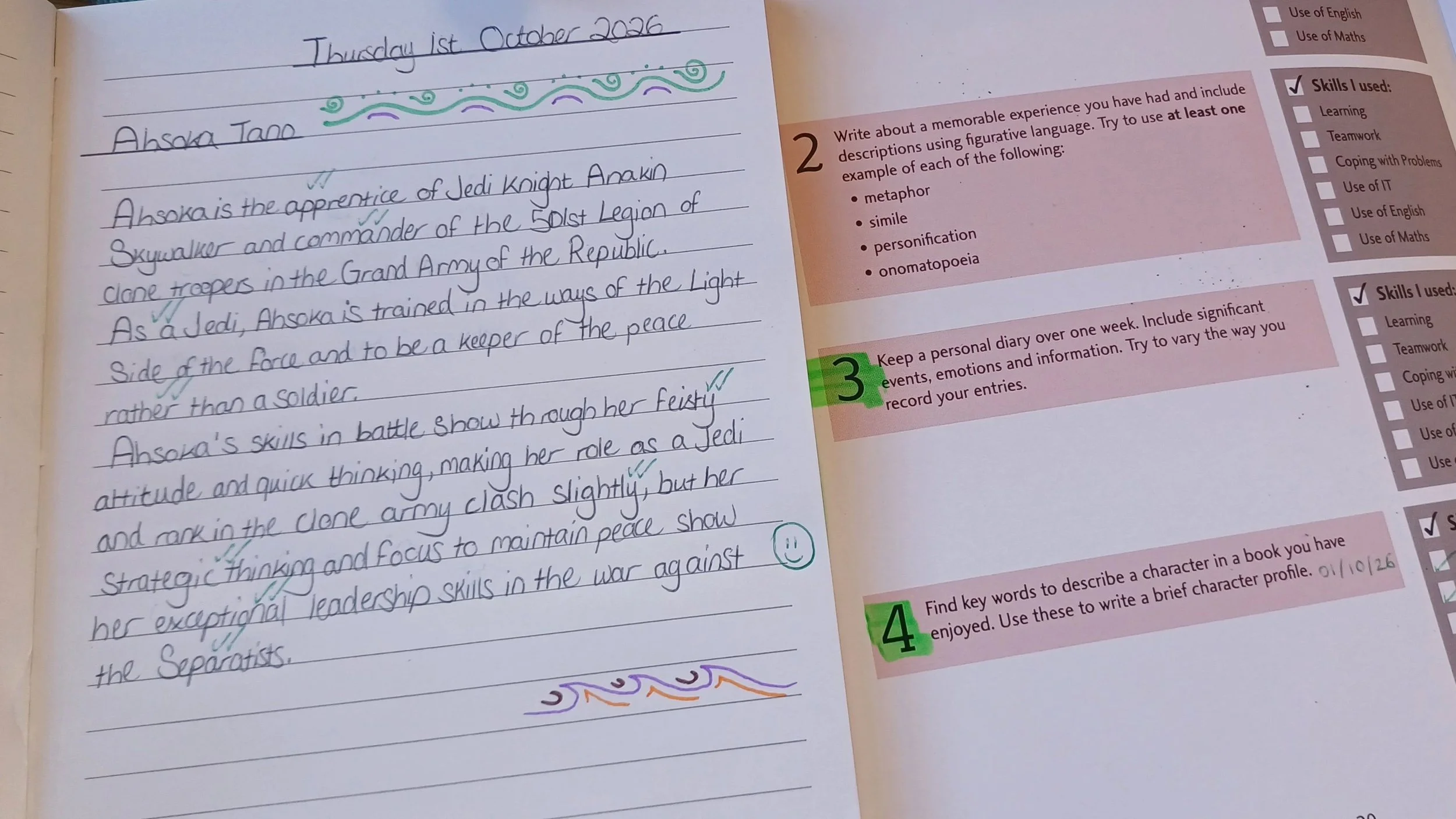 A handwritten school assignment on a notebook page with colorful doodles and a smiley face, written on October 1st, 2026. Part of an educational worksheet with instructions and checkboxes about character descriptions.