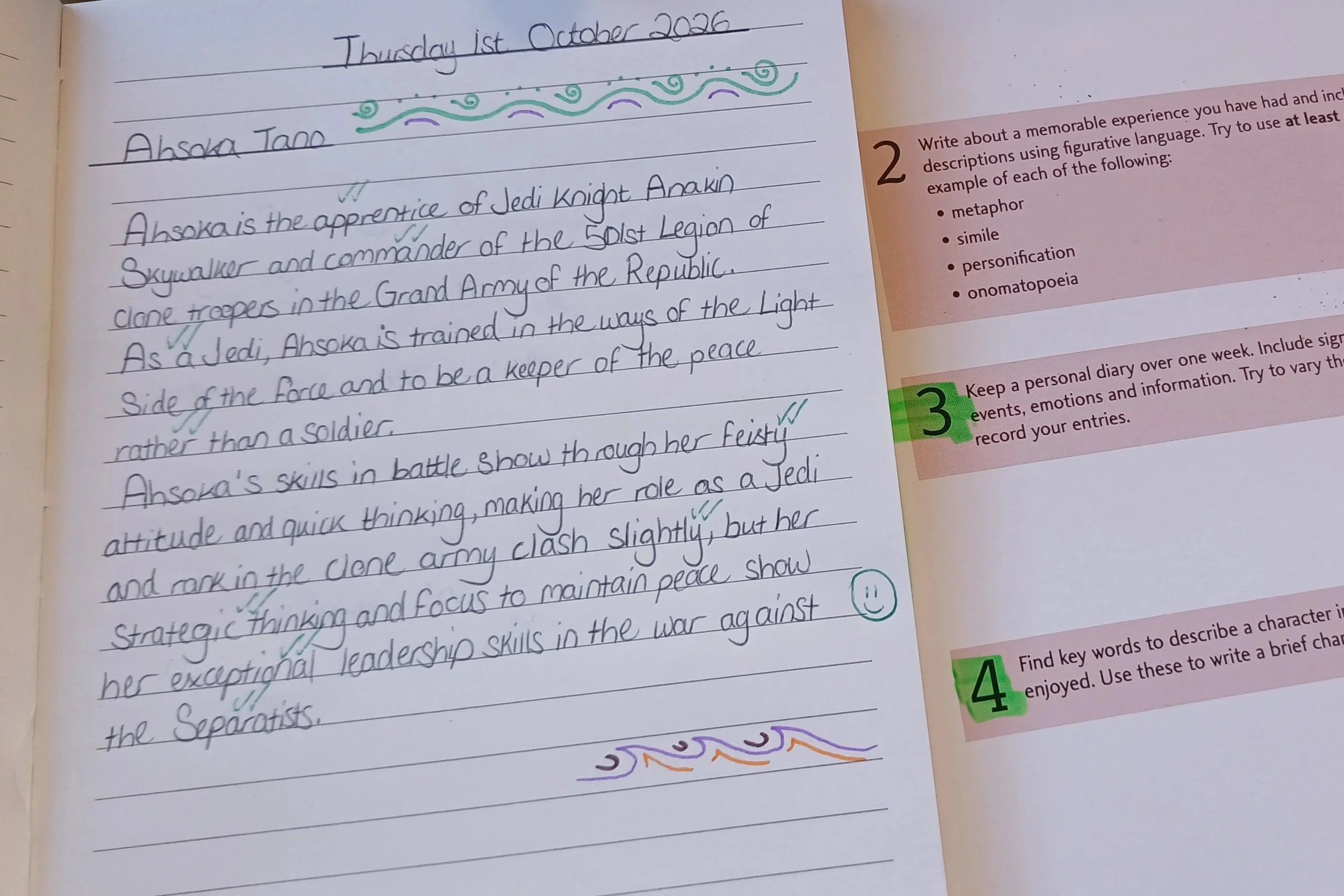 A handwritten notebook page with a title 'Thursday 1st October 2026' and the name 'Alaska Tano'. The text describes Alaska as an apprentice of Jedi Knight Anakin Skywalker, a commander of clone troopers, trained in the ways of light, and a keeper of peace in the galaxy. The page features colorful decorative swirls at the top and bottom and a checklist on the right side, including tasks such as writing a memorable experience, using figurative language, and finding key words in a story.