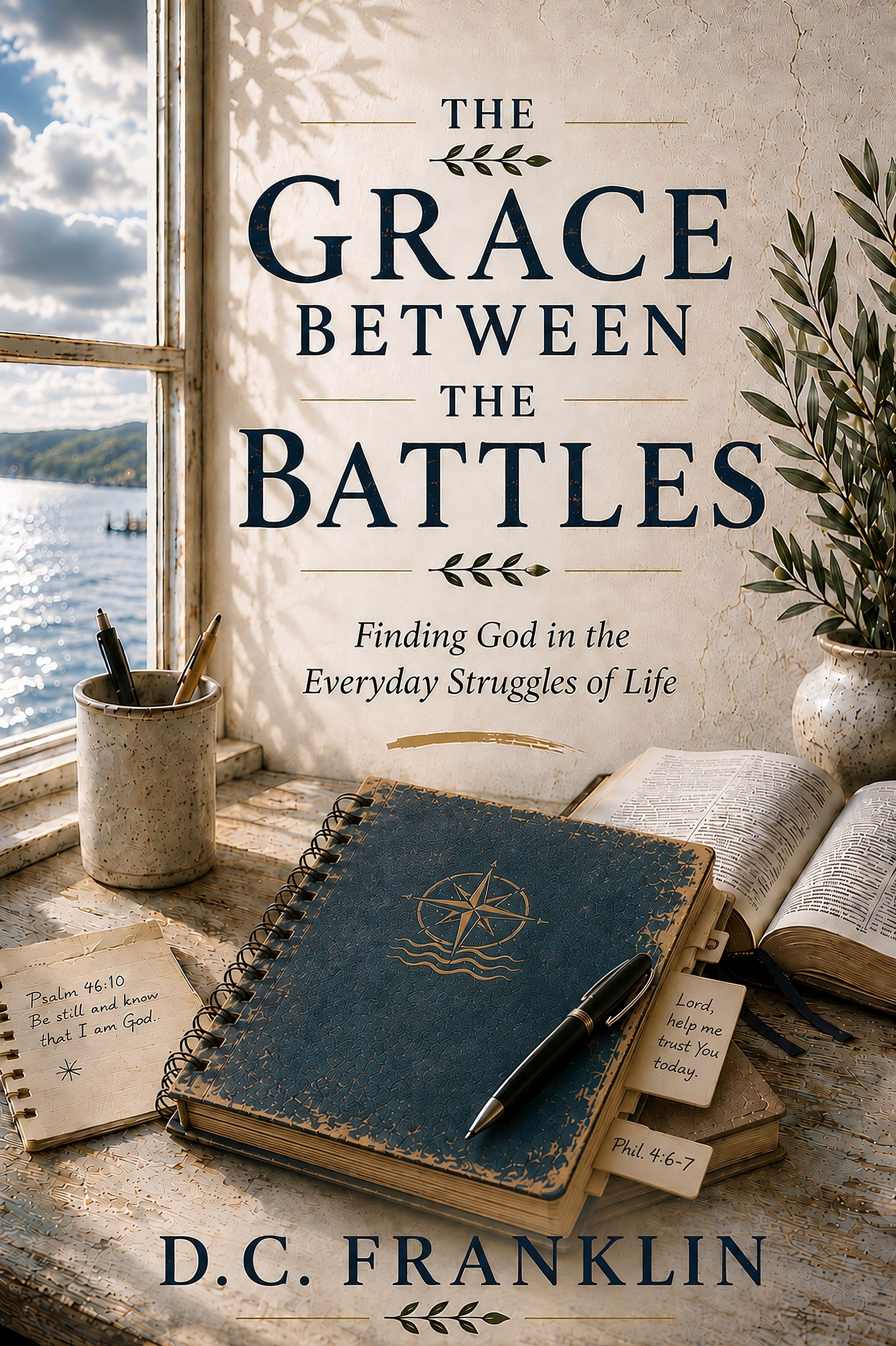 Open books, notebooks, pens, and notes on a desk in front of a window with a view of water and sky, with text on a poster reading 'The Grace Between the Battles' by D.C. Franklin.