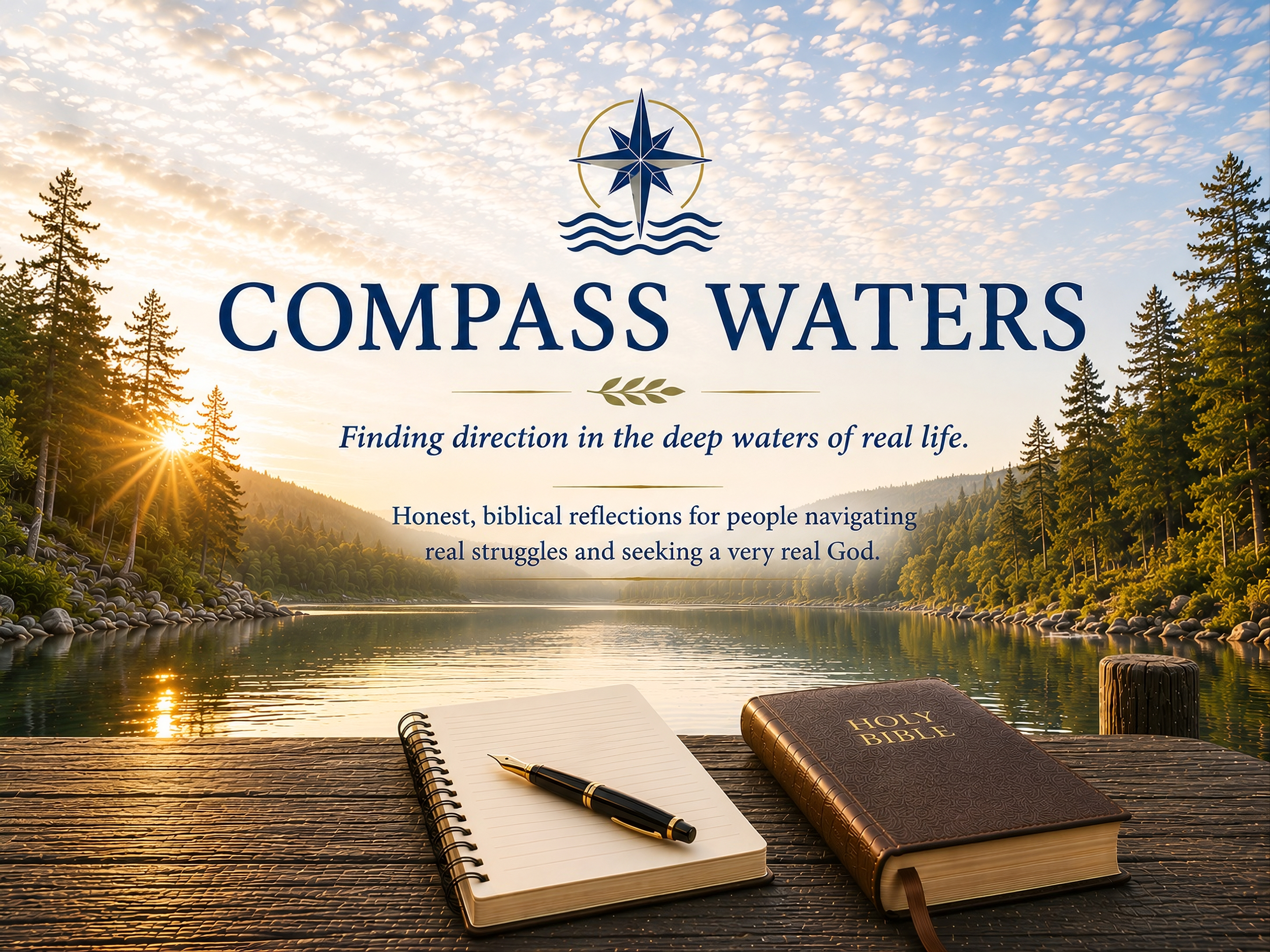 A scenic outdoor scene with a lake, trees, and a cloudy sky during sunset. In the foreground, there is a wooden table with a Holy Bible, an open notebook, and a pen. The image features a graphic overlay with the text 'COMPASS WATERS' and a slogan about finding direction and biblical reflections.