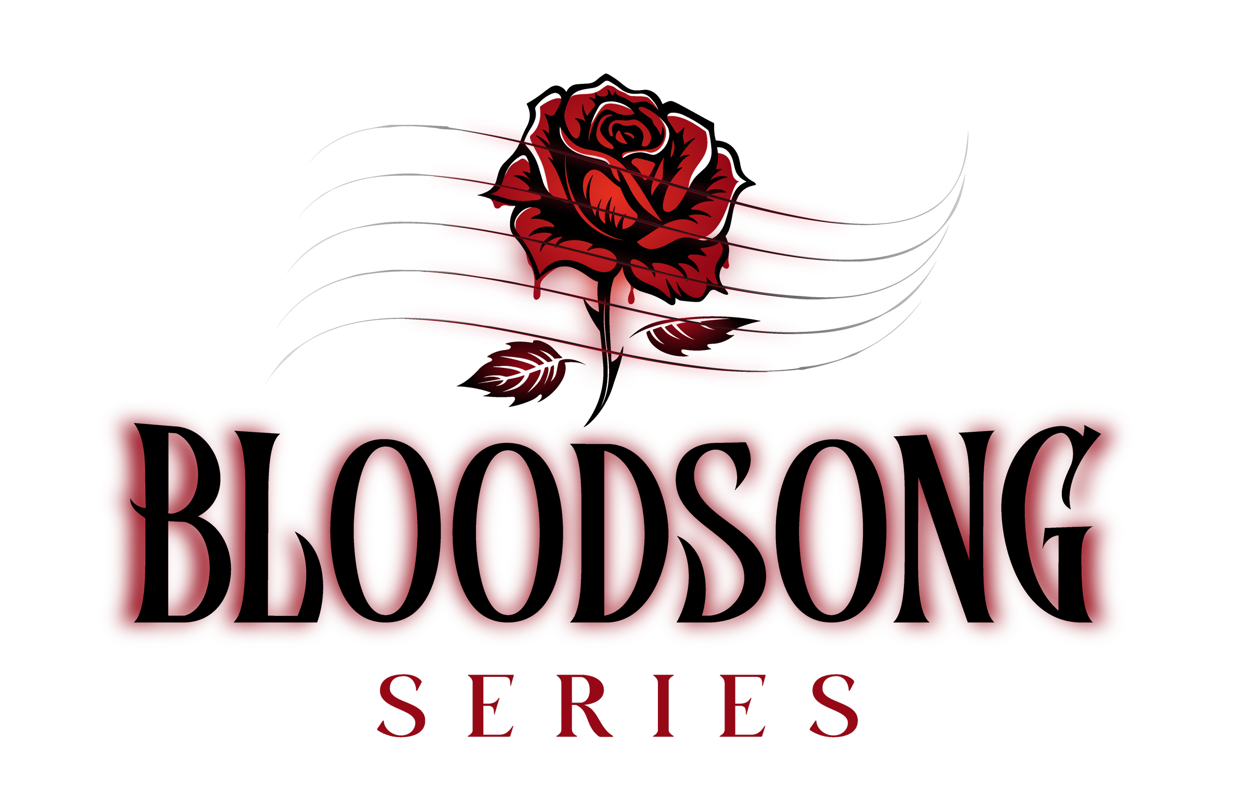 A stylized red rose with black outline and highlights, over a background of horizontal red lines and text reading 'BLOODLINE SERIES' in red and black.