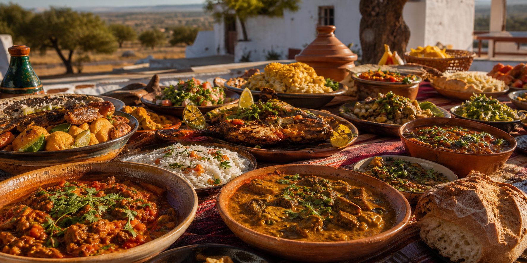 A table outdoors with various traditional Mexican dishes, including rice, beans, grilled fish, stew, salads, bread, and chalupas, set against a scenic background with trees and a building.