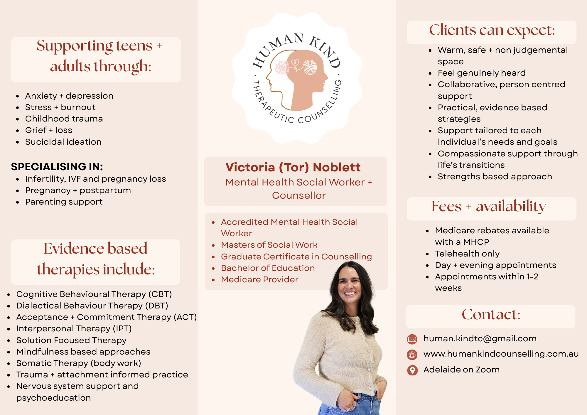 A digital flyer for Human Kind Therapeutic Counselling features a central logo with a profile outline of a person and icons representing the mind and heart. The flyer highlights services supporting teens and adults, specializing in fertility, pregnancy, trauma, and more. It lists evidence-based therapies, credentials of Victoria (Tor) Noblett, mental health social worker and counsellor, and client expectations. Contact details include an email, website, and Zoom location in Adelaide.