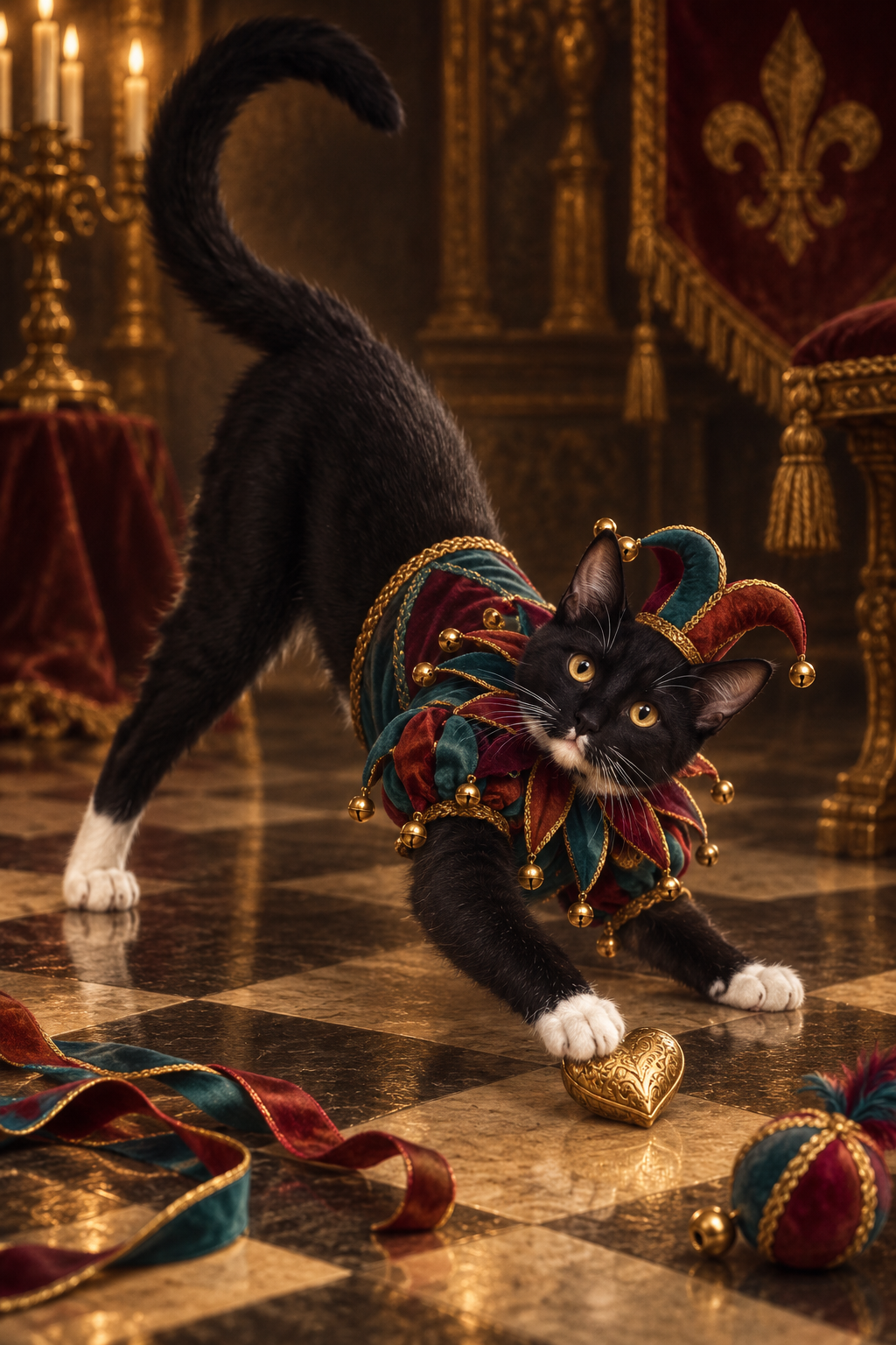 Bixi, a black-and-white tuxedo cat, portrayed as Court Jester and Thief of Hearts