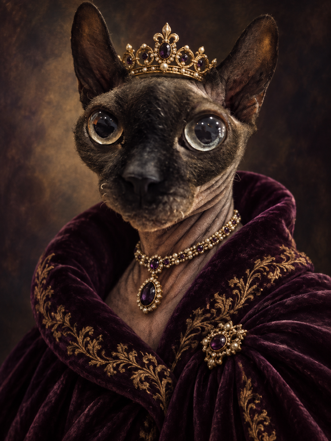Fanny, a Sphynx cat, portrayed as the Duchess of the Velvet Lap