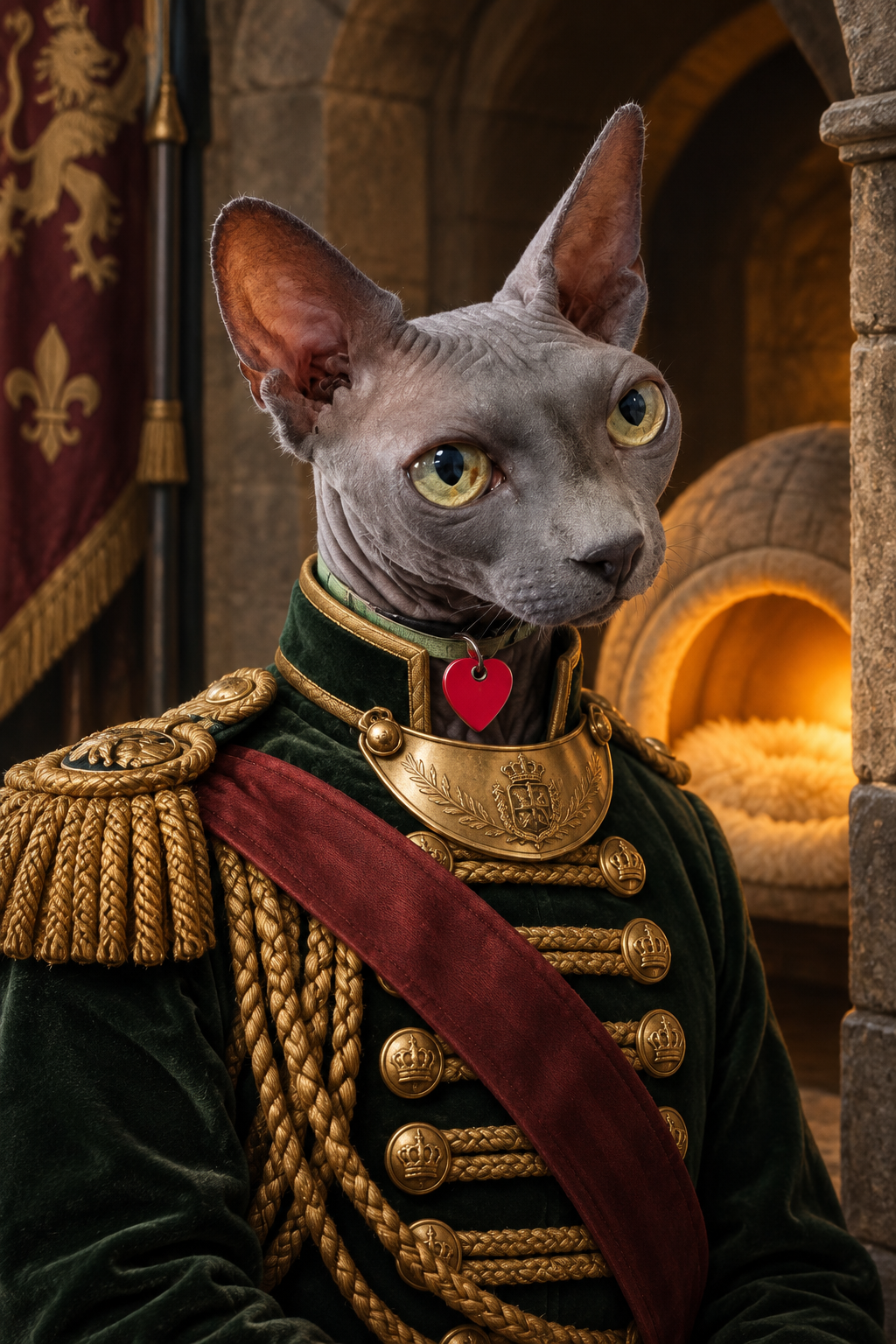 Stitch, a grey Sphynx cat, portrayed as Captain of the Heated Guard