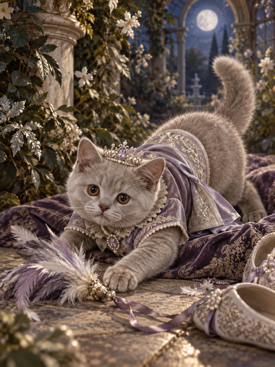 Mistress Midge, a silver-grey kitten, portrayed as Princess and Huntress of the Silver Court