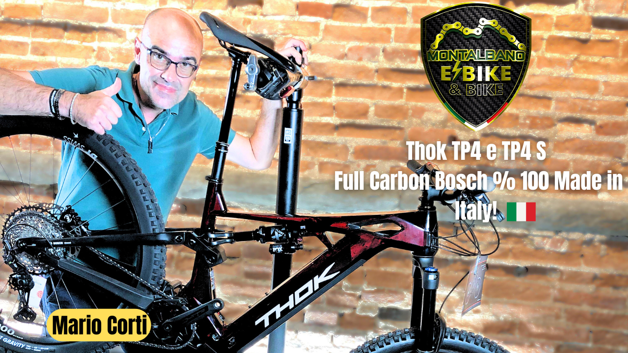 Mario Corti con e-bike Thok TP4 Full Carbon nell'officina Montalbano Bike a Empoli