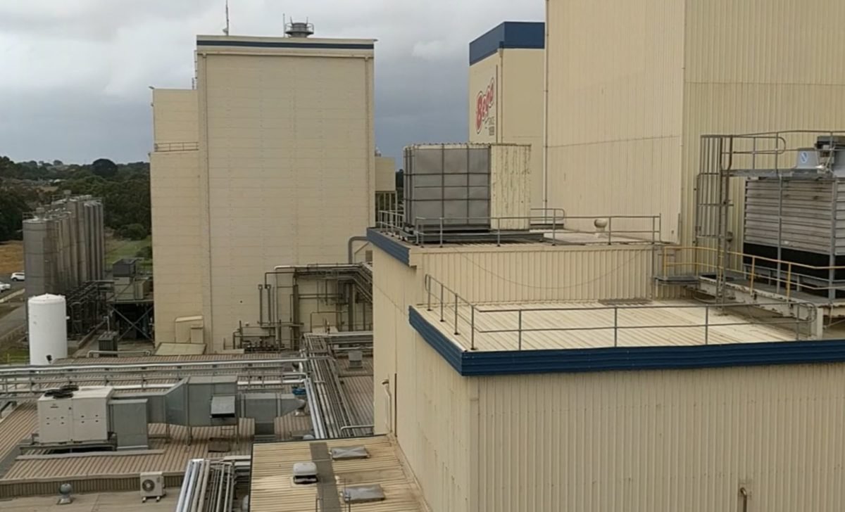 Food processing plant rooftop with cooling equipment and pipework, Goulburn Valley
