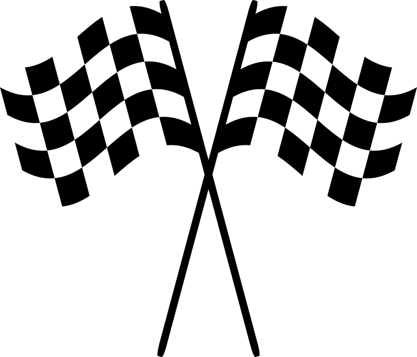 Black background with checkered racing flags at the top.