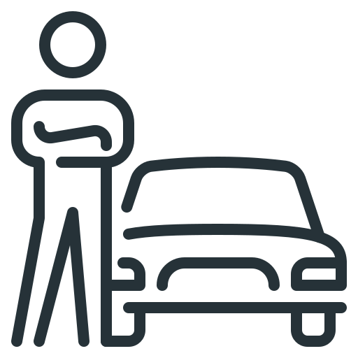 Line drawing of a person standing next to a car with arms crossed. Person has hired a drift car from clip point hire