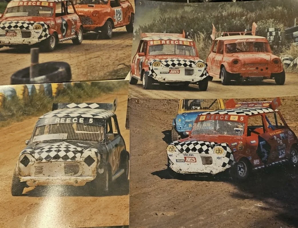 Collage of vintage rally cars racing on dirt track, featuring cars with checkered flags and sponsored logos.