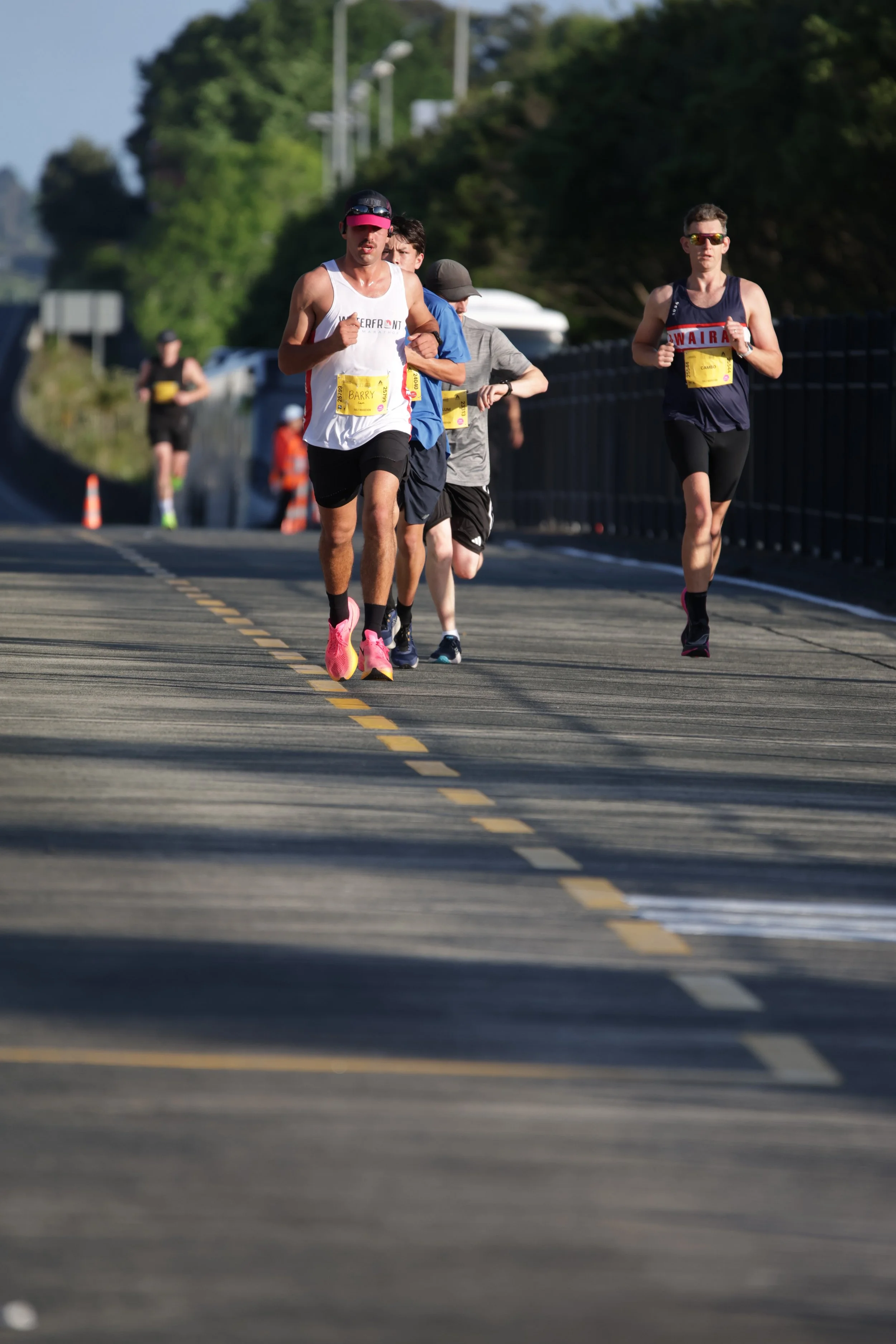 Group of runners participating in a road race or marathon, running on a paved road with yellow lane markings, trees, and poles in the background.