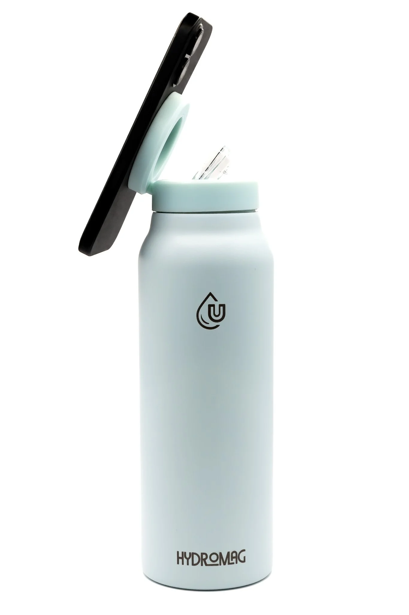 A white water bottle with a black lid and a built-in straw, branded with the HydroMag logo, standing upright against a plain white background.