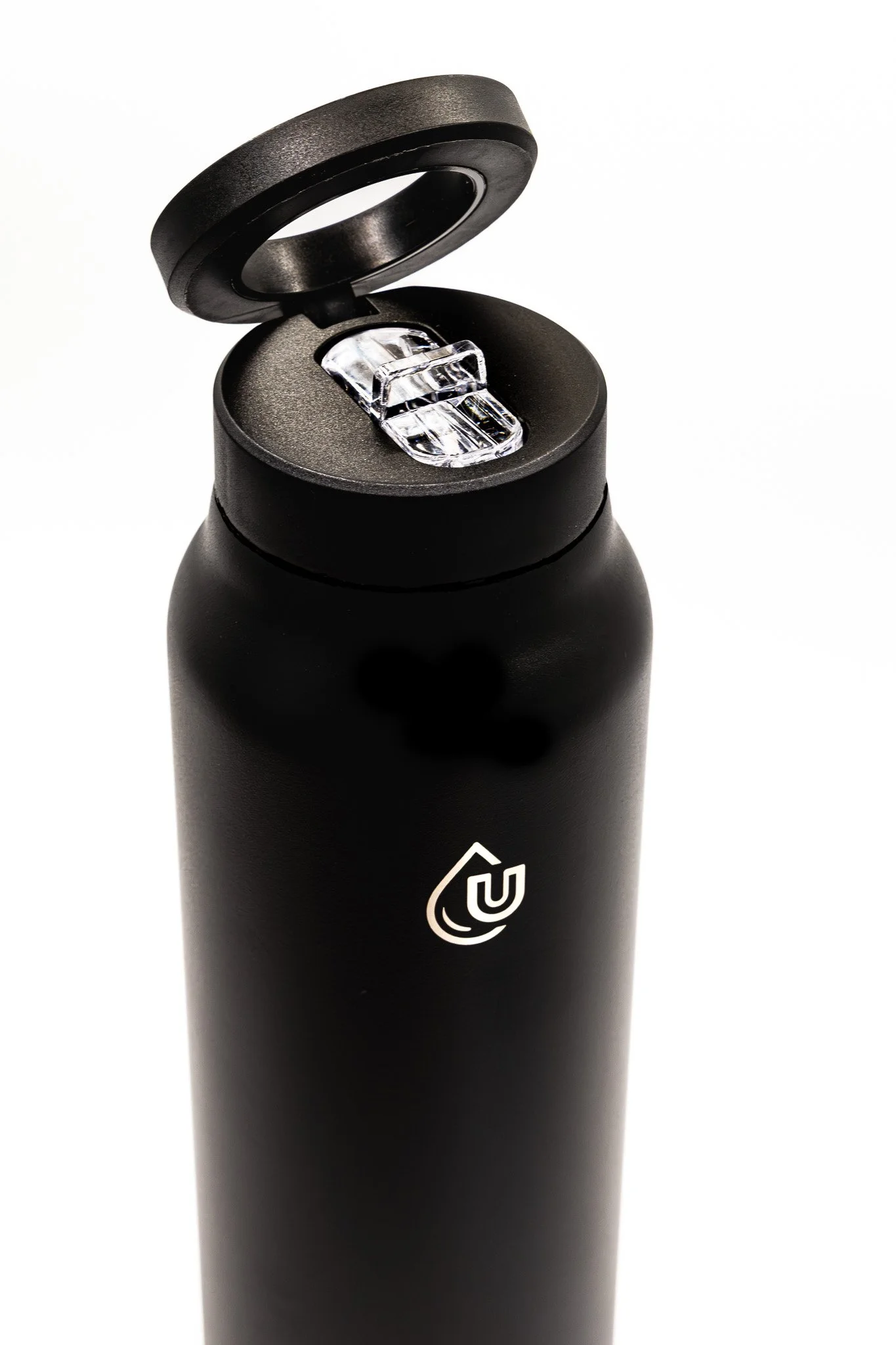 Black insulated water bottle with a flip-up lid and a clear plastic spout, featuring a white logo with a droplet symbol.