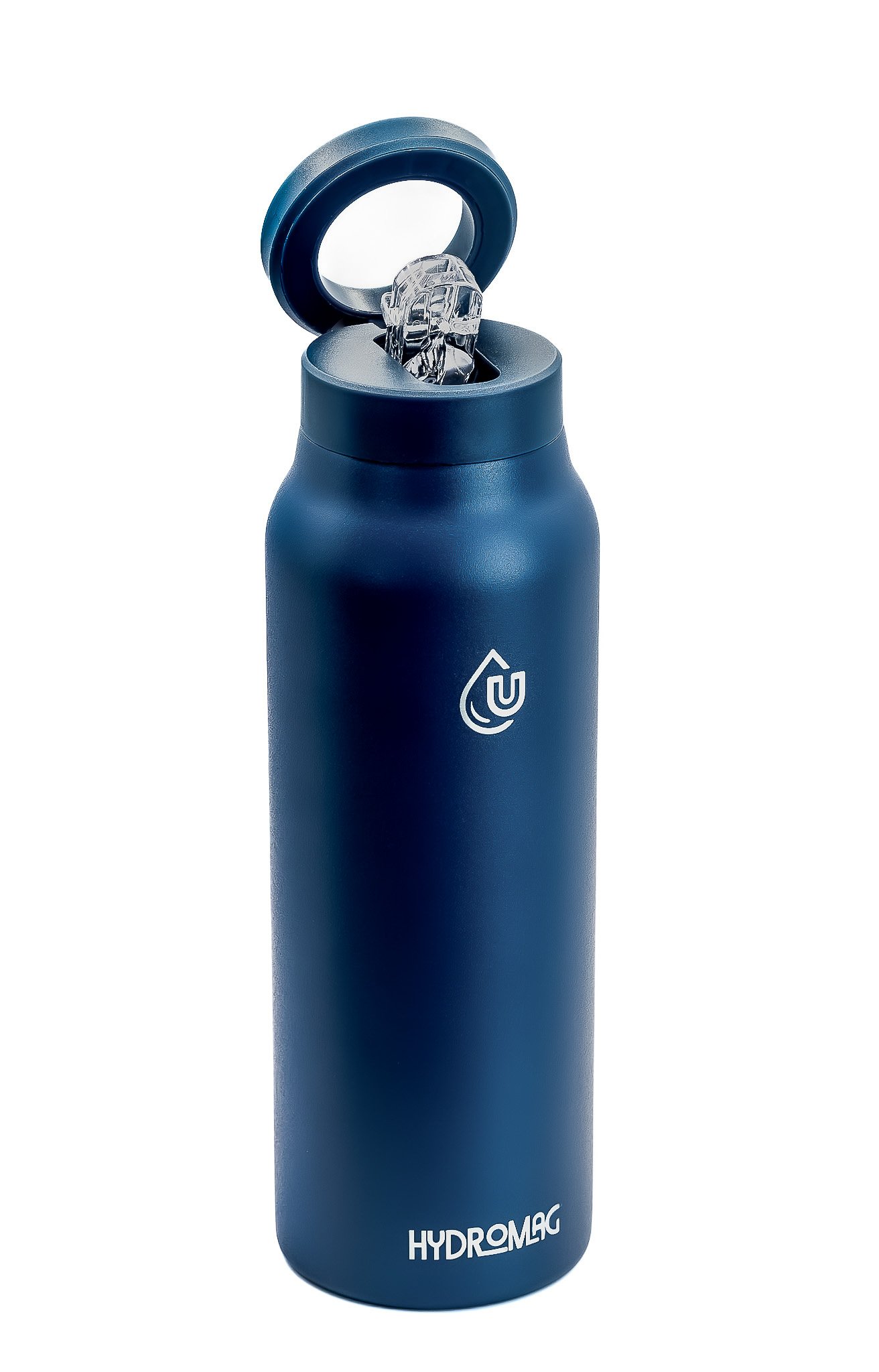 A blue Hydro Flask water bottle with an open lid, showing a clear ice cube inside, against a plain white background.
