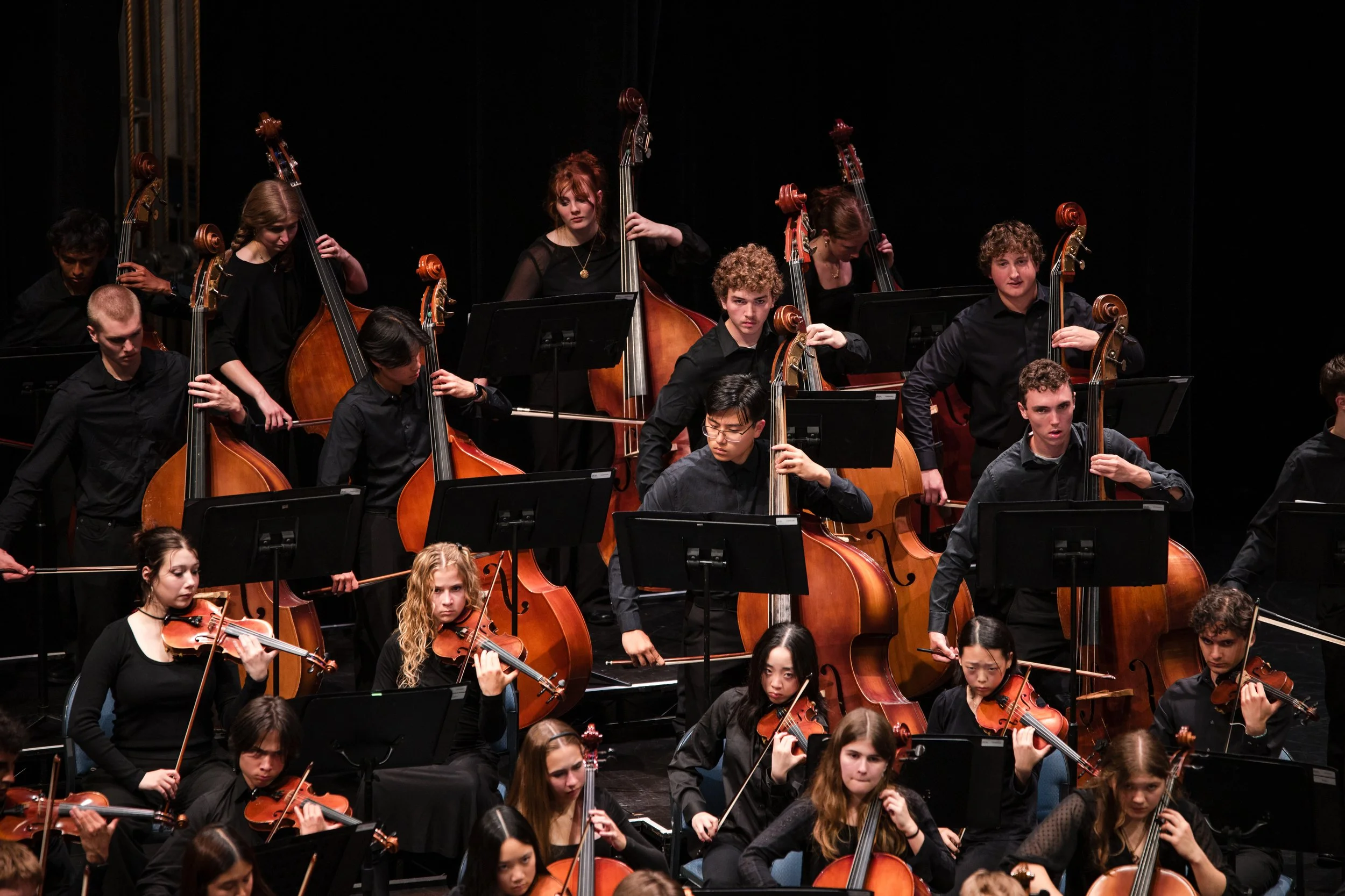 Orchestra of young musicians playing string instruments, including violins, violas, and cellos, on stage during a concert.