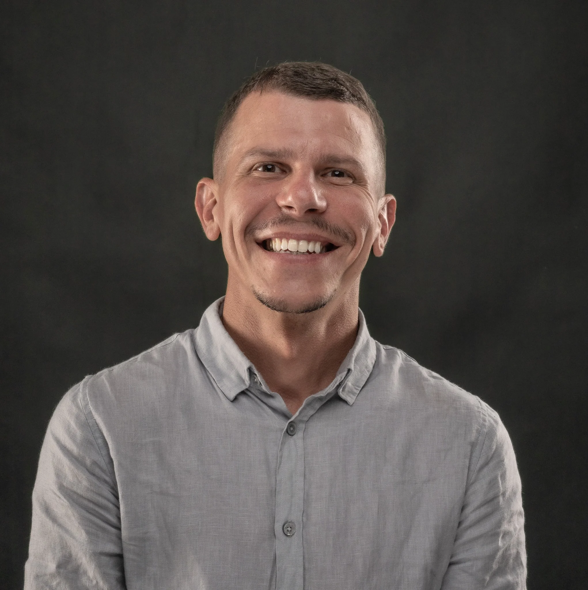 Close-up of a smiling man in a light gray button-up shirt against a dark background.