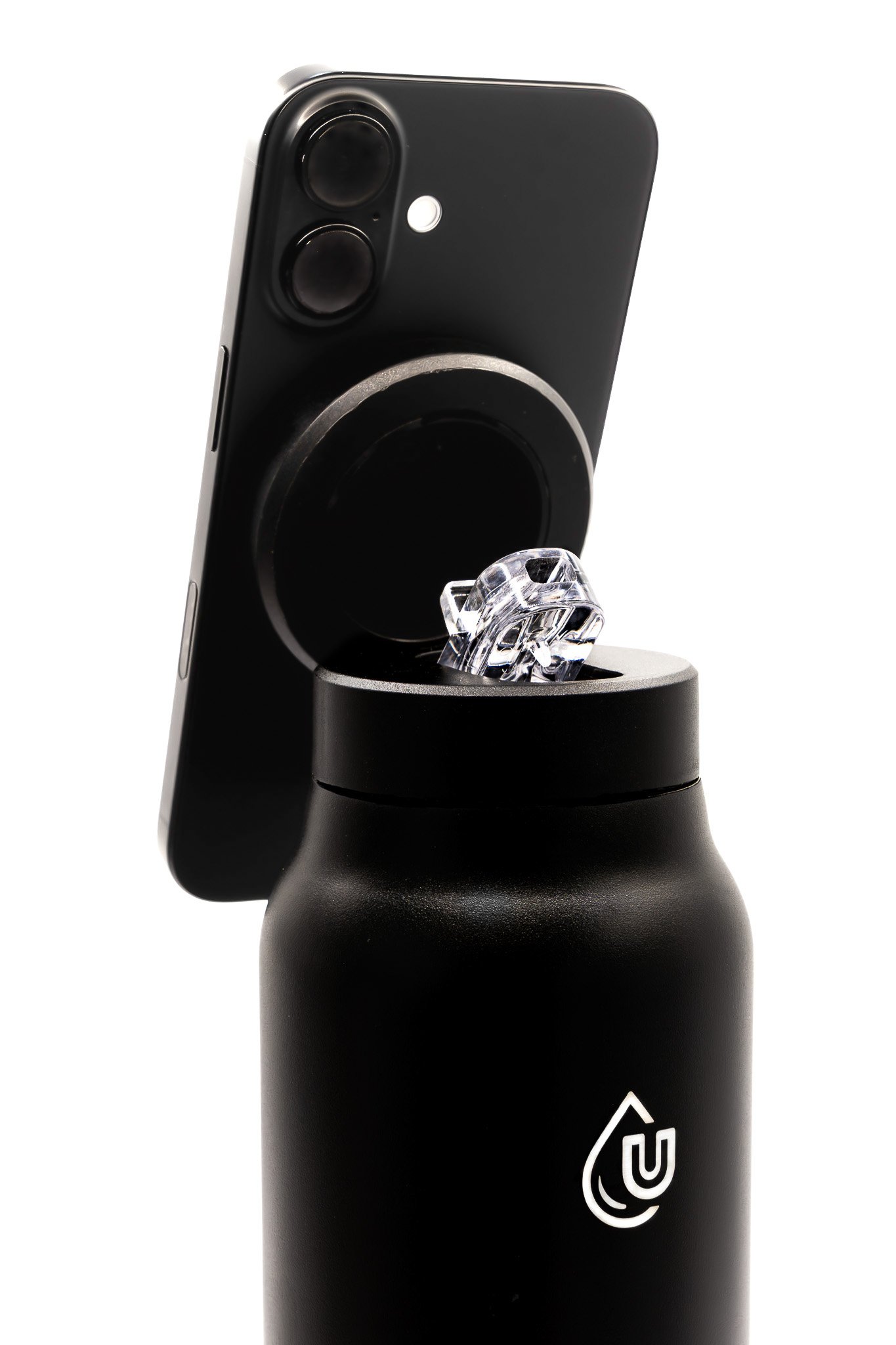 Black portable vaporizer with a digital power button and logo on the front, standing upright against a white background.