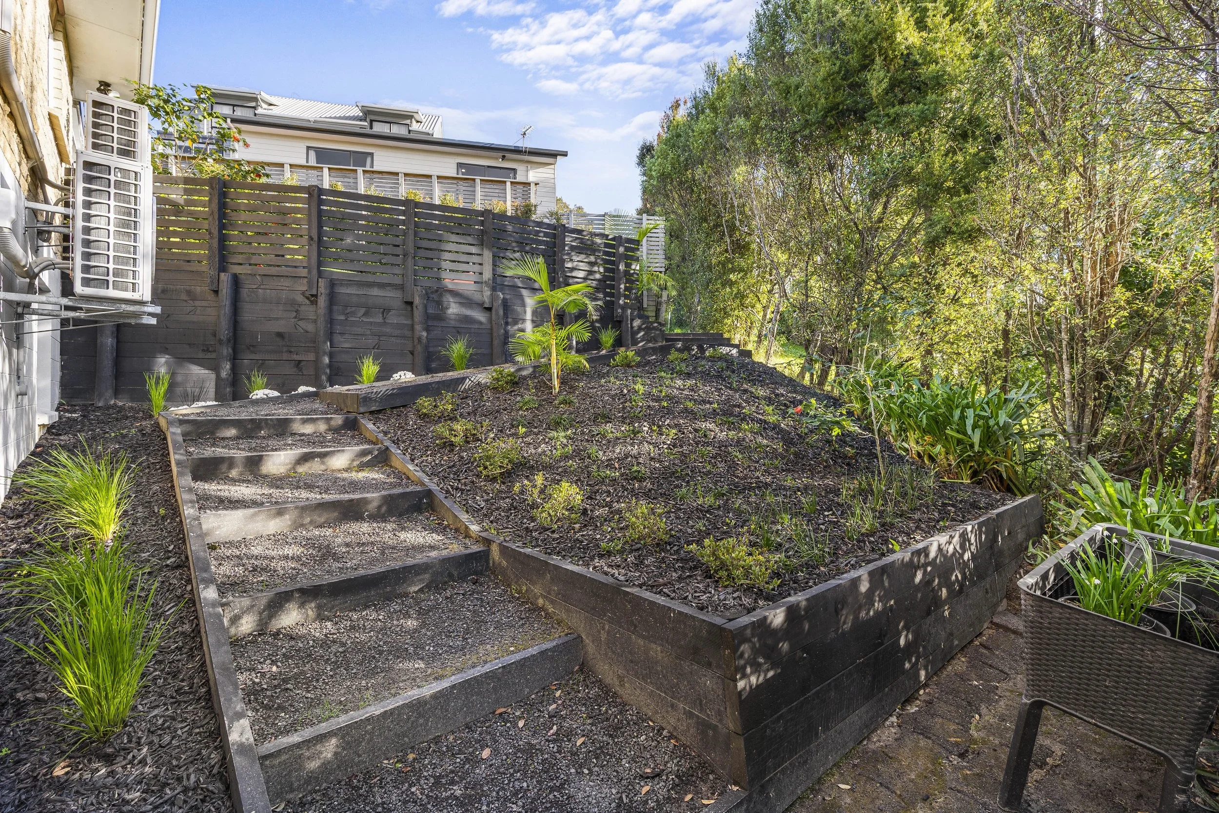A backyard garden with a multi-tiered planting bed filled with young plants and mulch, a black wooden fence, trees with green leaves, a house with a white exterior in the background, and a blue sky with clouds.
