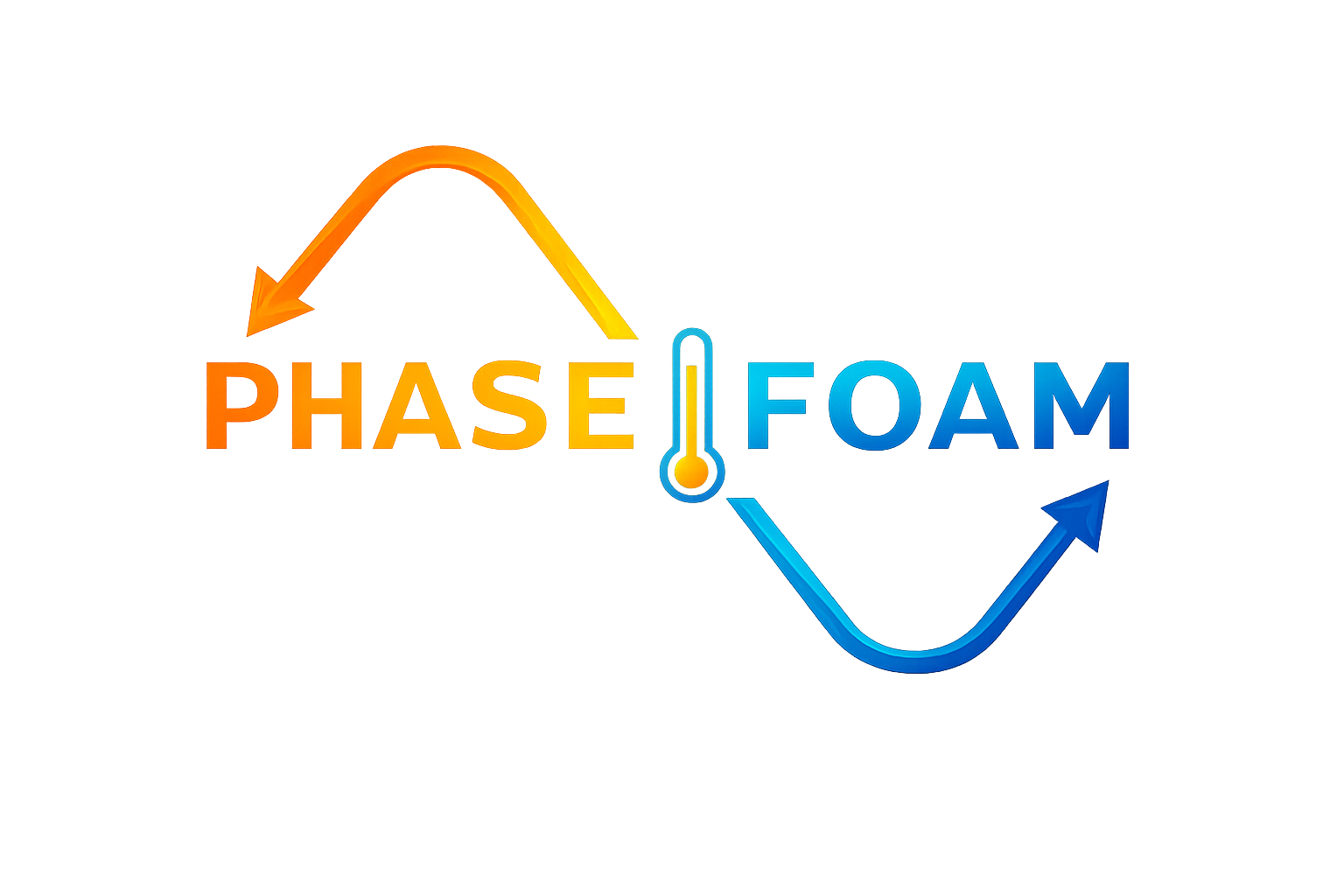 Diagram showing the transition from foam to phase change, with a thermometer indicating temperature and an arrow pointing downward, symbolizing cooling.