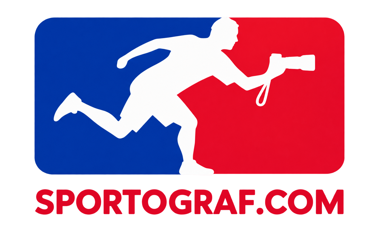 A silhouette of a person running while holding a camera, depicted in white, against a background divided into blue on the left and red on the right. Below is the text "SPORTOGRA" in red with a shadow.