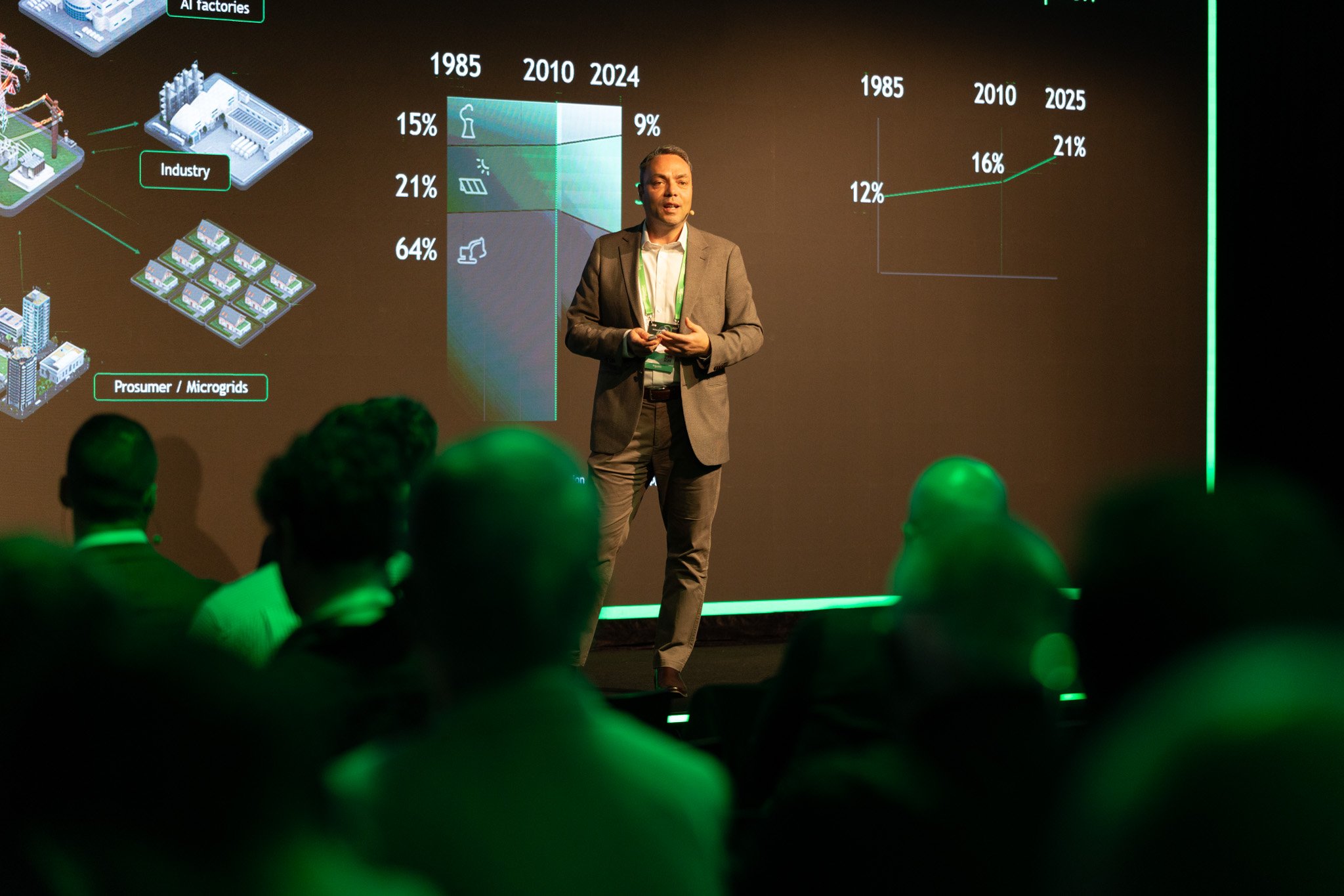 A man in a gray blazer giving a presentation on stage with a large screen behind him showing graphs and technology diagrams about industrial development from 1985 to 2025, with silhouettes of an audience in the foreground.