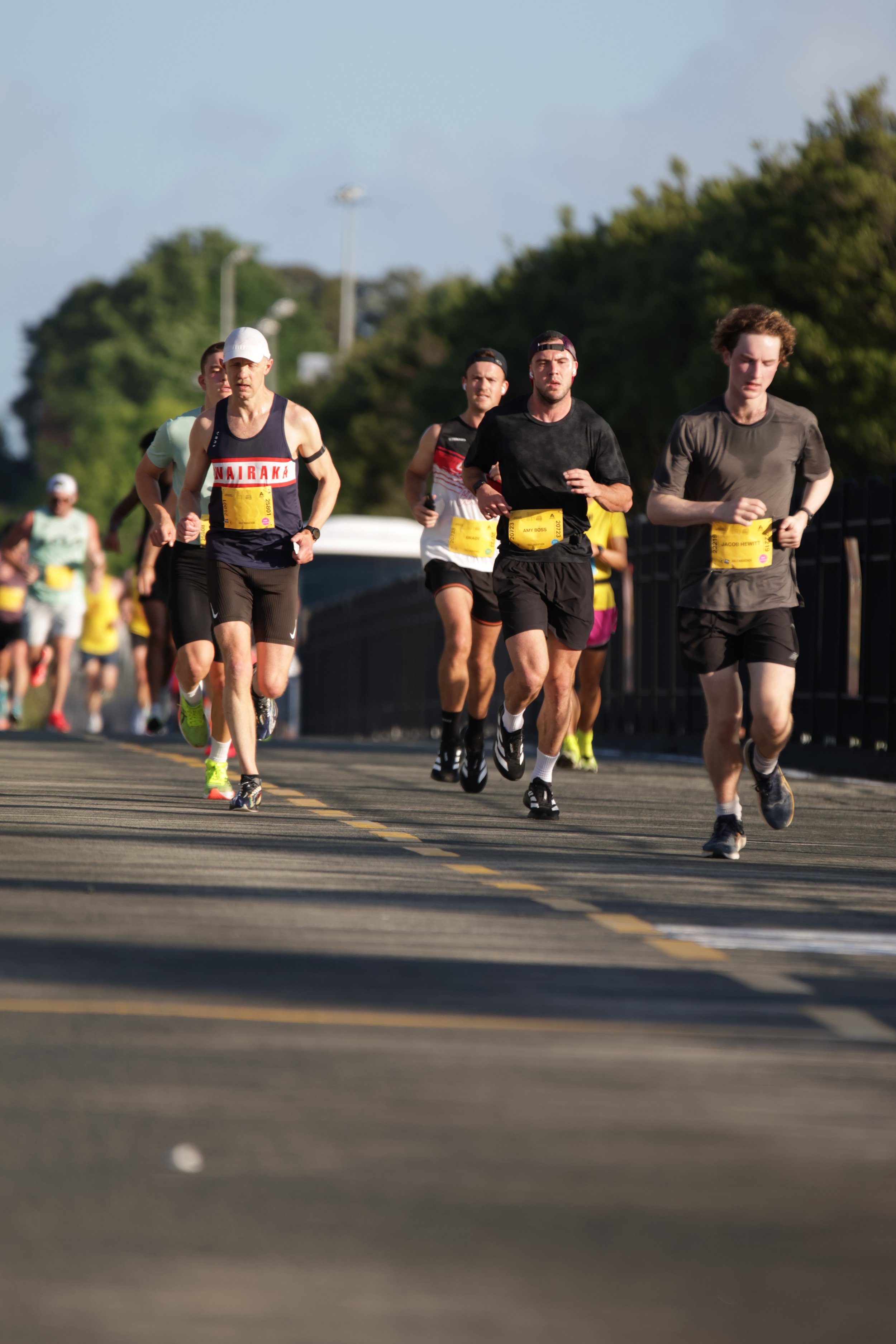 Group of runners participating in a race on a paved road with trees and streetlights in the background.