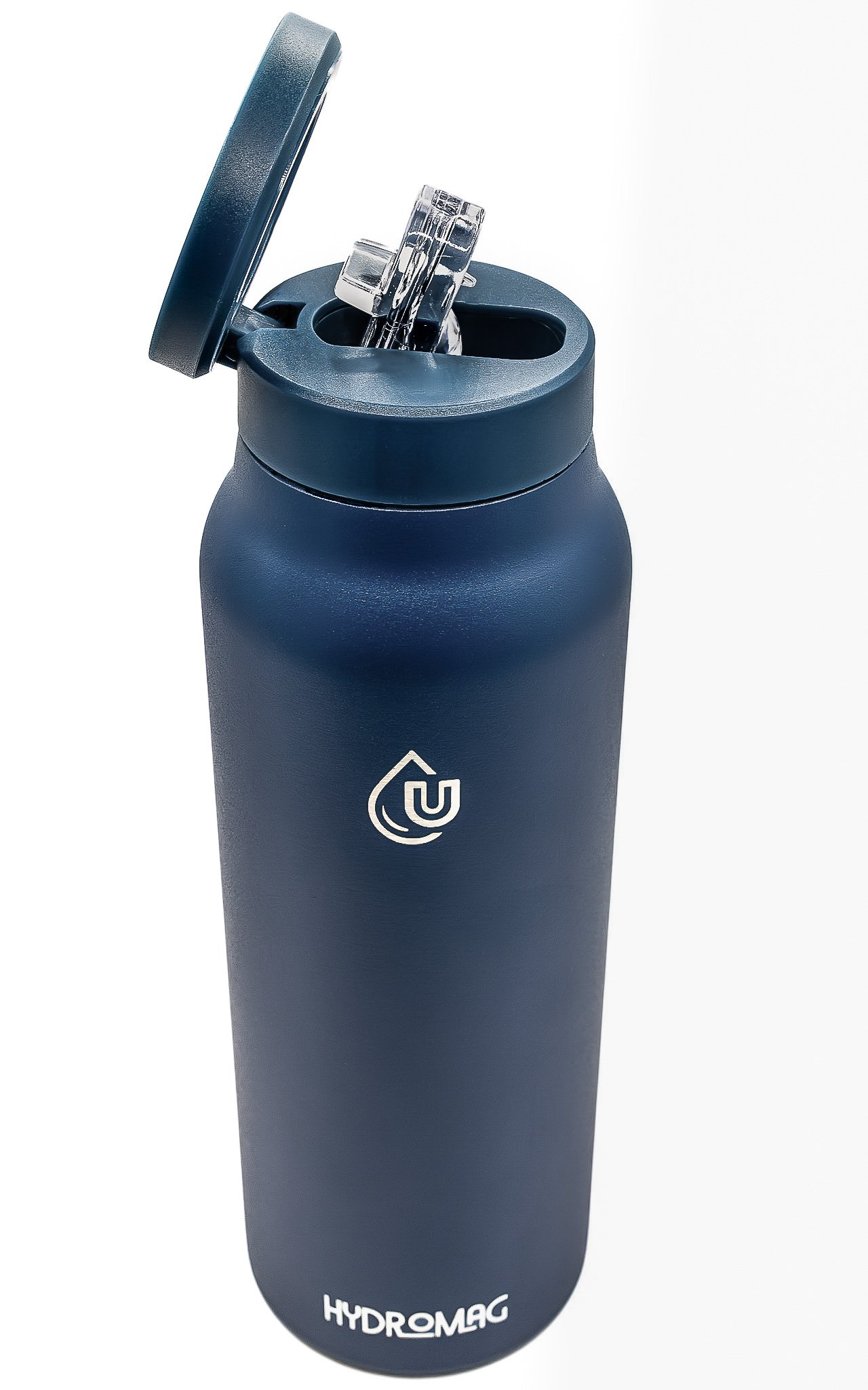 A navy blue HydroMag bottle with a partially open lid and a clear glass magnetic drinking straw inside.