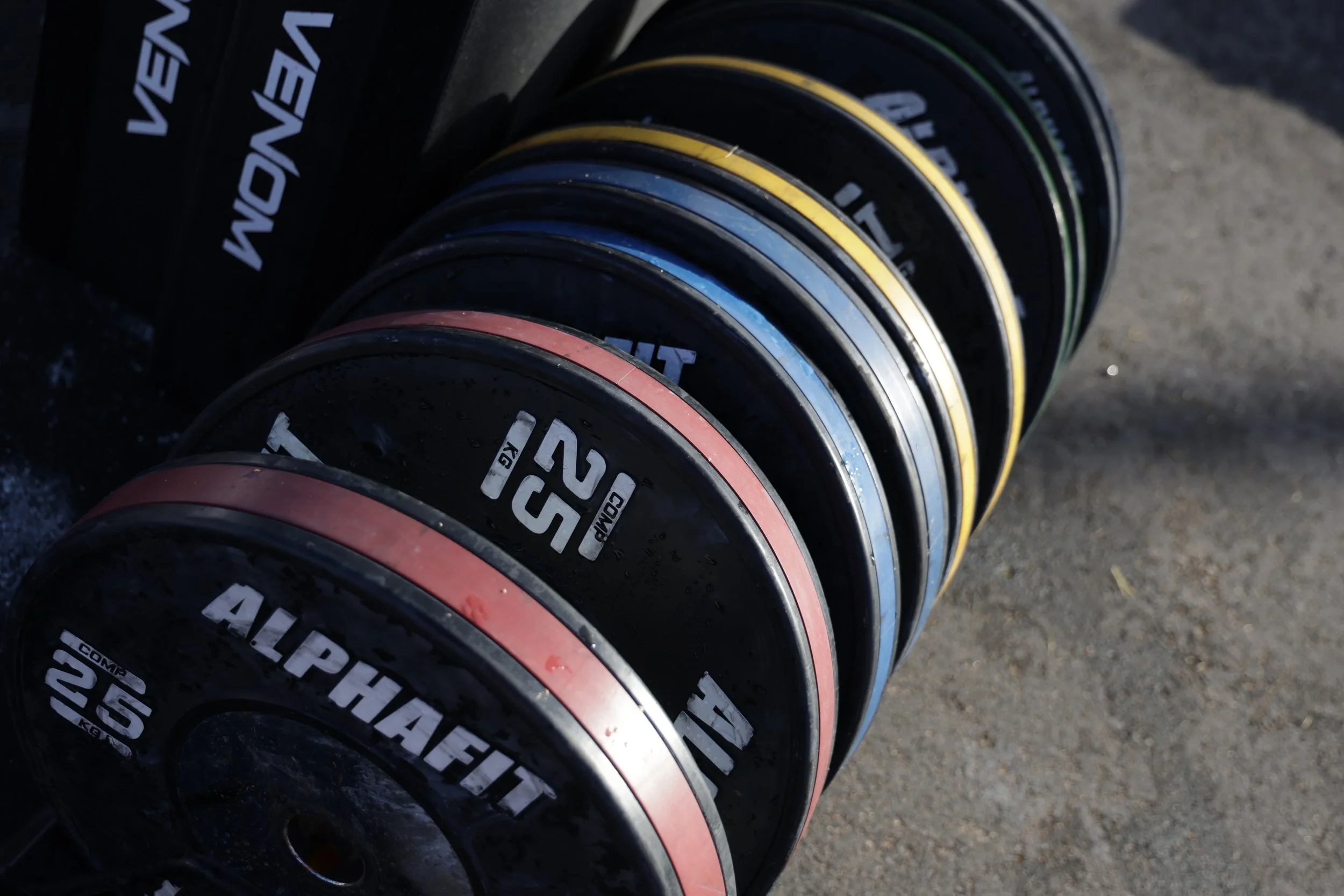 A row of black weight plates with colored edges stacked on the ground, with some white text and numbers visible on each plate.