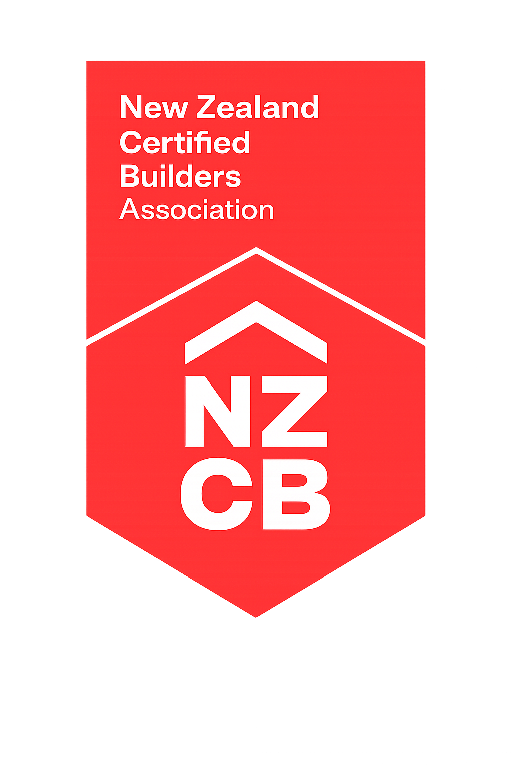 Red badge with white text and logo that reads "New Zealand Certified Builders Association" and "NZCB" with a house roof symbol.