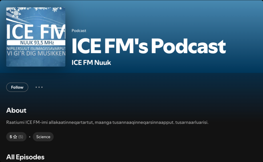 Logo of ICE FM radio station with snowflake design, text indicating 93.5 MHz frequency, and a title "ICE FM's Podcast" on a blue background.