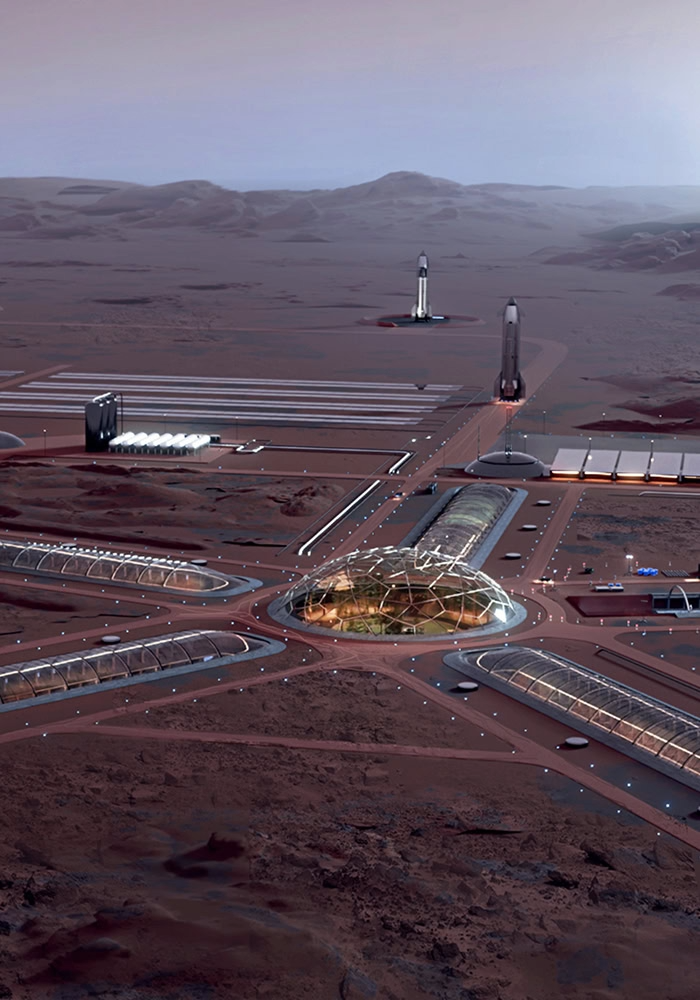 En futuristisk scene på Mars med rumraketter, grønne drivhuse og en stor glaskuppel med indendørs vegetation.