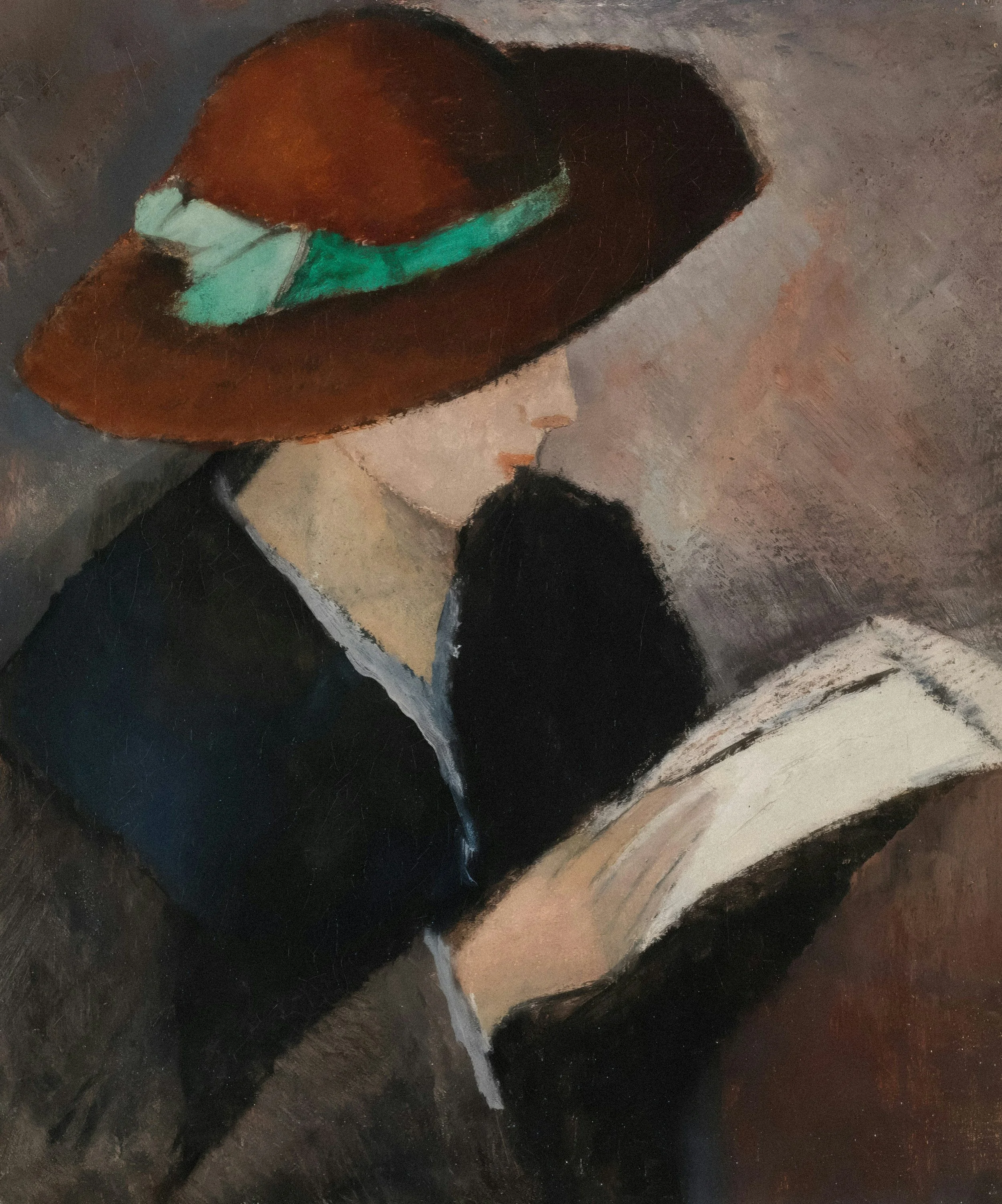 Retrato impresionista de una mujer con gafas en pelo largo oscuro y piel clara, vista en perfil, con fondo oscuro y detalles en tonos beige y marrón.