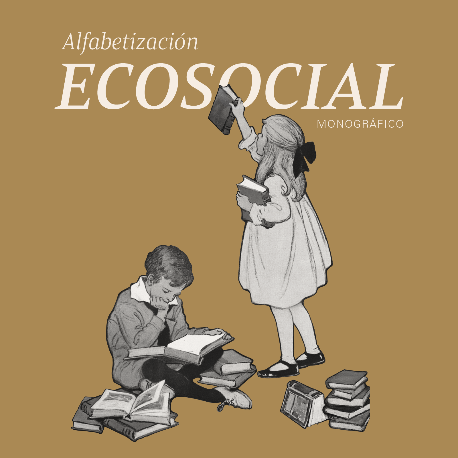 Ilustración en blanco y negro de niños leyendo y con libros apilados alrededor, en fondo marrón