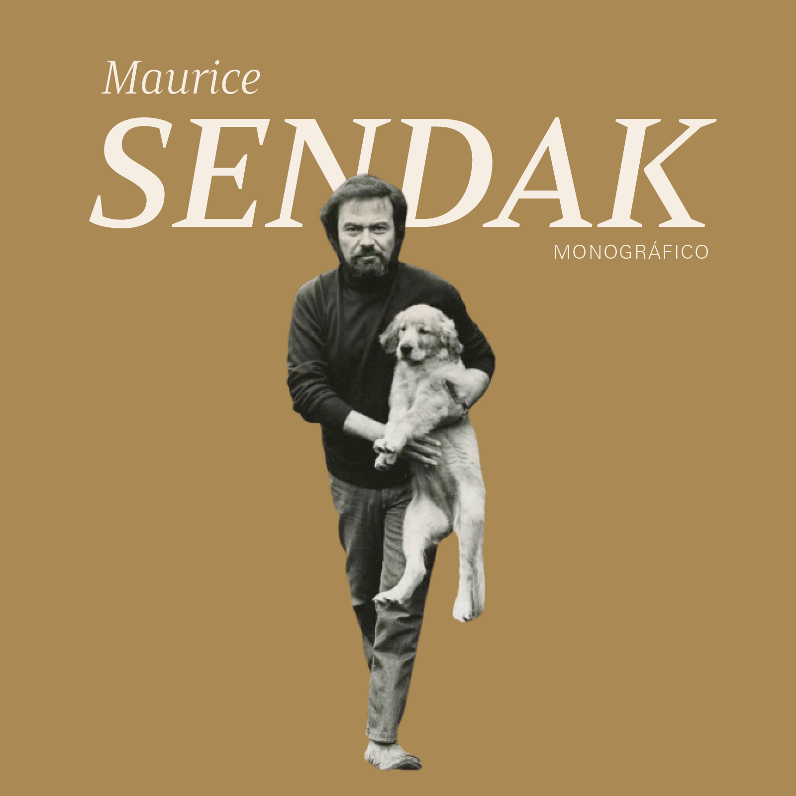 Imagen en tonos beige con un hombre con barba sosteniendo a un perro grande, en la portada de un libro titulado "Sin Dak" de Maurice Sendak.