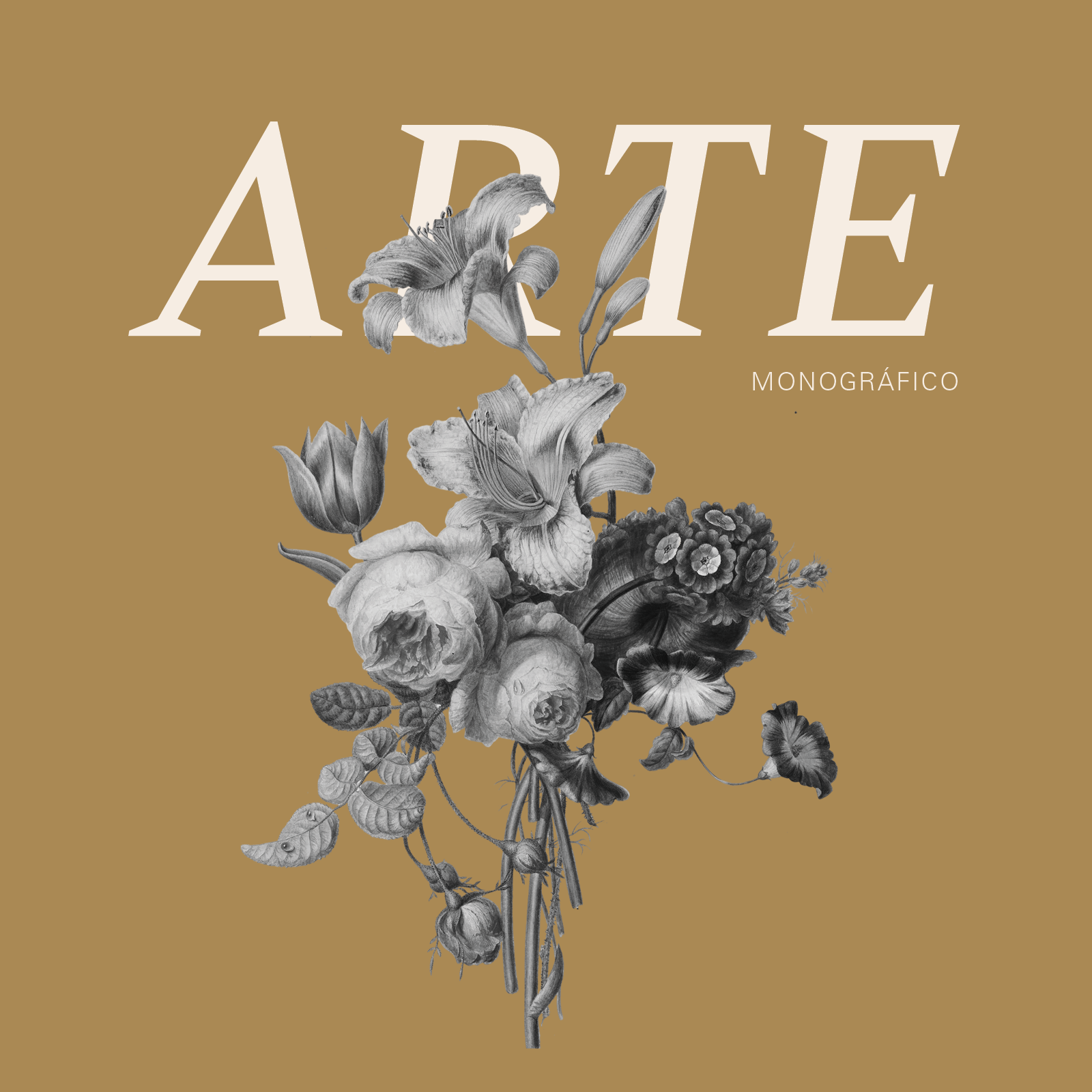 Ilustración en tonos grises de un ramo de flores, incluyendo lirios y otras flores, sobre un fondo color beige