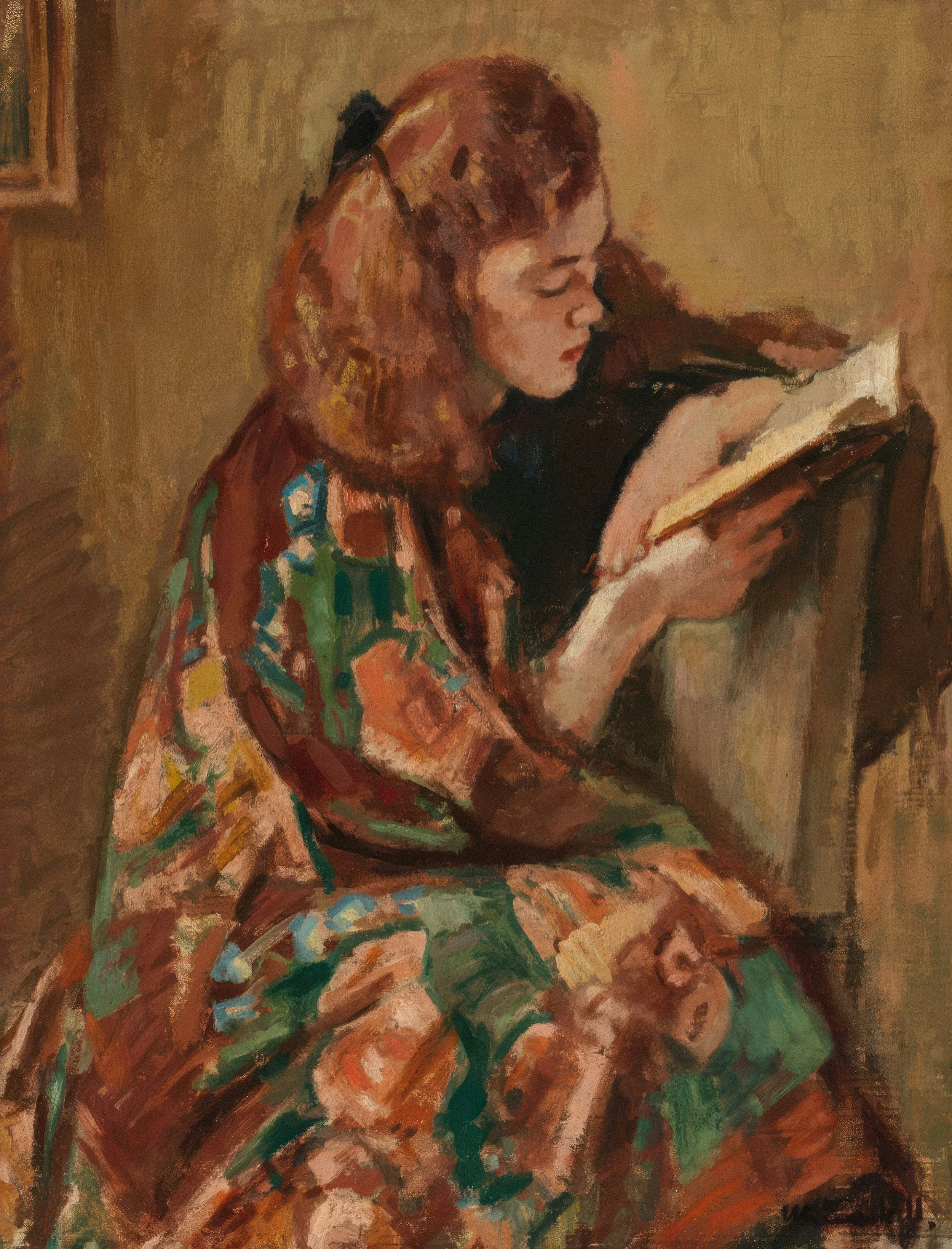 Una pintura que muestra a una mujer con cabello rubio y vestimenta colorida, leyendo un libro, en un estilo artístico impresionista.