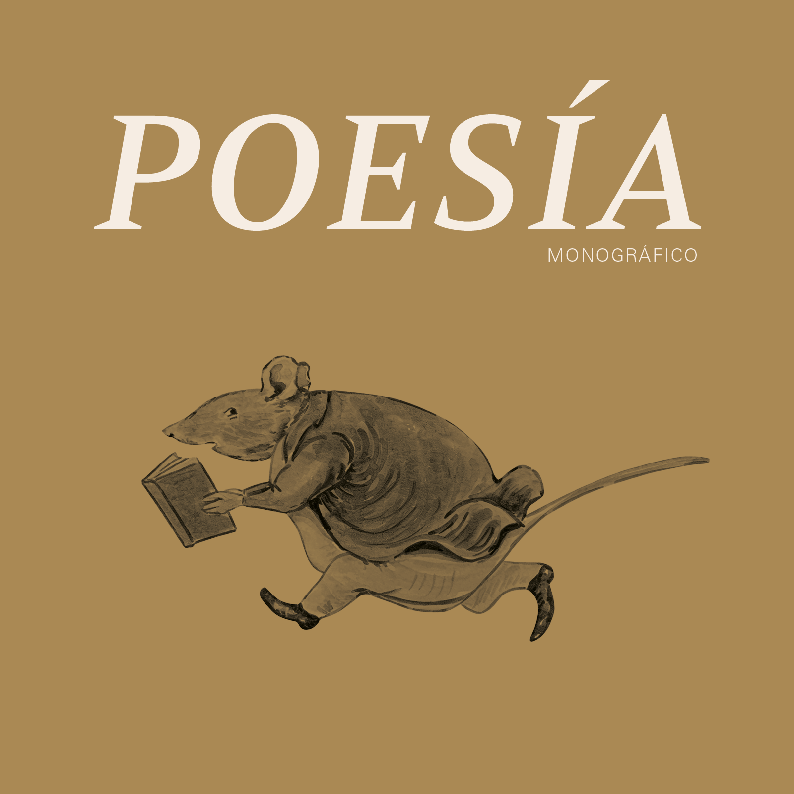 Ilustración de una rata antropomórfica leyendo un libro en un fondo beige. La imagen está relacionada con un libro llamado 'Poesía Monográfico'.