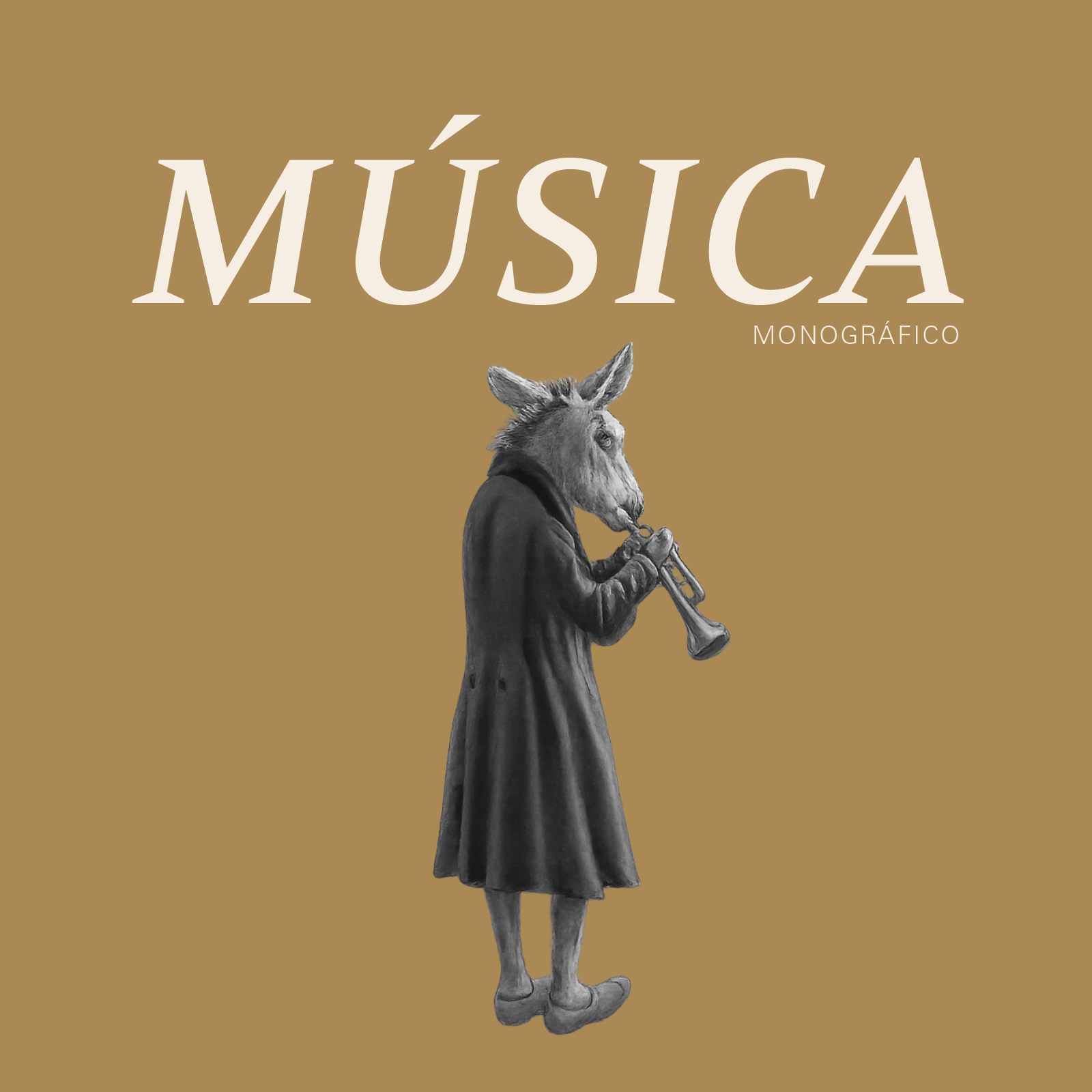 Ilustración de un burro con cuerpo de una persona disfrazada tocando una trompeta, con fondo beige y texto en la parte superior que dice 'Música' y 'Monográfico'.