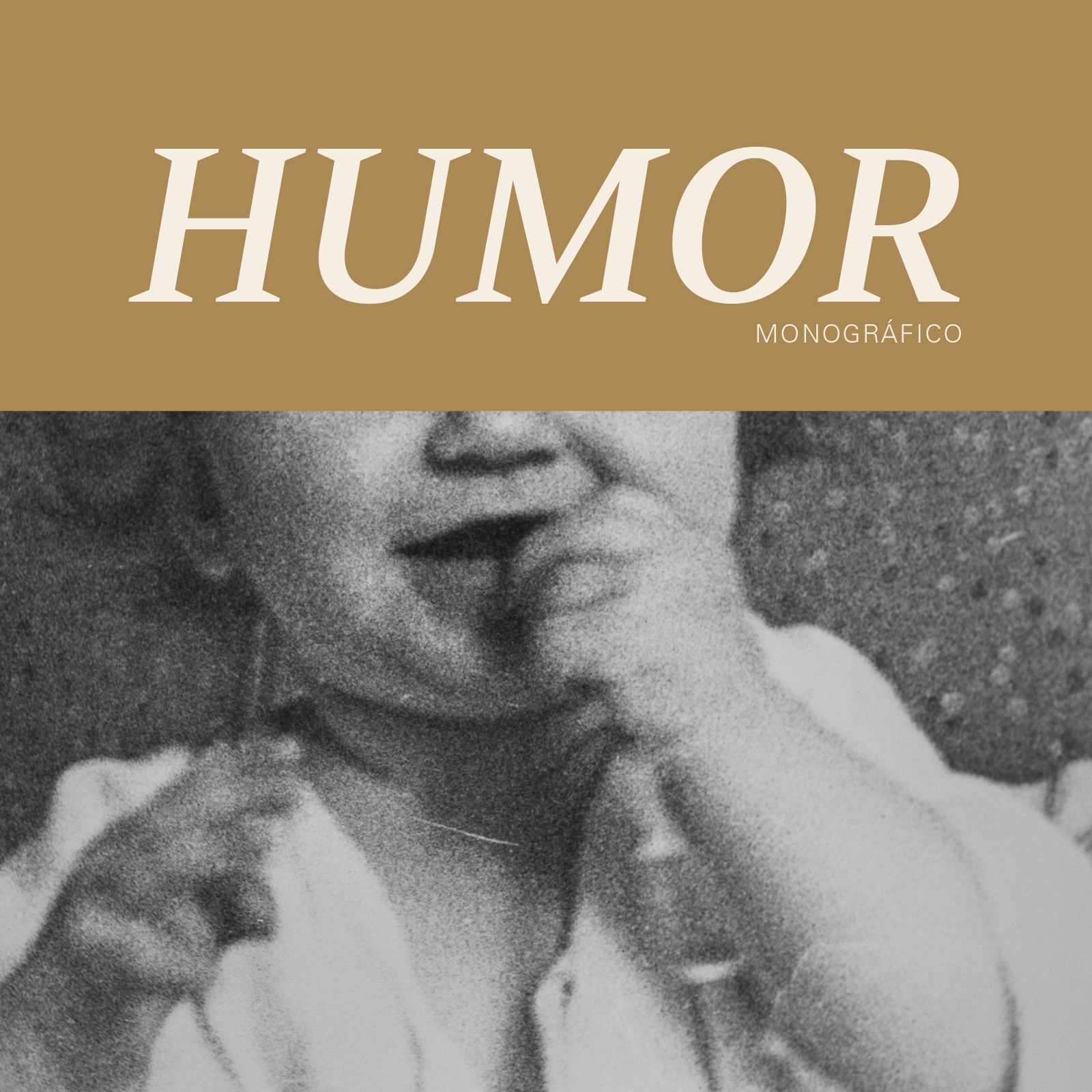 Portada de libro con la palabra 'Humor' en letras grandes y la palabra 'monográfico' en letras más pequeñas, además de una imagen en blanco y negro de una persona chupándose el dedo.